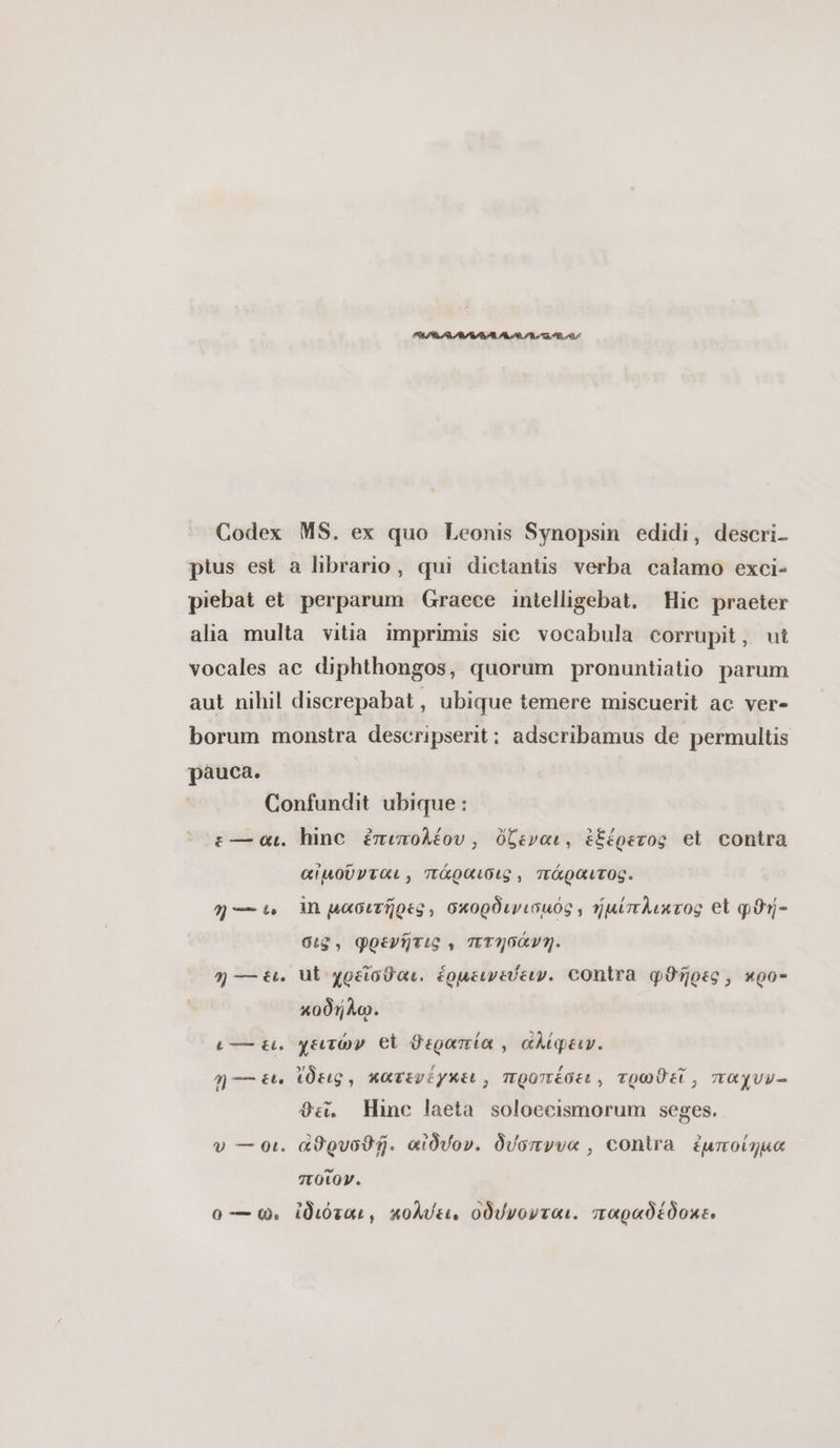 Codex MS. ex quo Leonis Synopsin. edidi, descri- piebat et perparum Graece intelligebat. Hic praeter pauca. t — Gt. η --- te 7 --- ει. επ εἰ. η — &amp;t. p — 0t. 0 — Q. hinc ἐπιπολέου, ὄζεναι, ἐξέρετος et contra αἱμοῦνται, πάραισις, πάραιτος. in μασιτῆρες, σκορδινισαός, ἡμίπλικτος et φϑή- σις, φρενῆτις , πτησάνη. ut χρεῖσθαι. ἑρμεινεύειν. Contra φϑῆρες, κρο- κοδήλω. χειτών εἰ θεραπία, αλίφειν. ἴδεις, κατενέγκει, προπέσει, τρωθεῖ, παχυν- J Hinc laeta soloecismorum seges. αθρυσθῇ. αἰδύον. δύσπνυα , contra ἐμποίημα ποιον. ἰδιόται, κολύει, οδύνονται. παραδέδοκε.