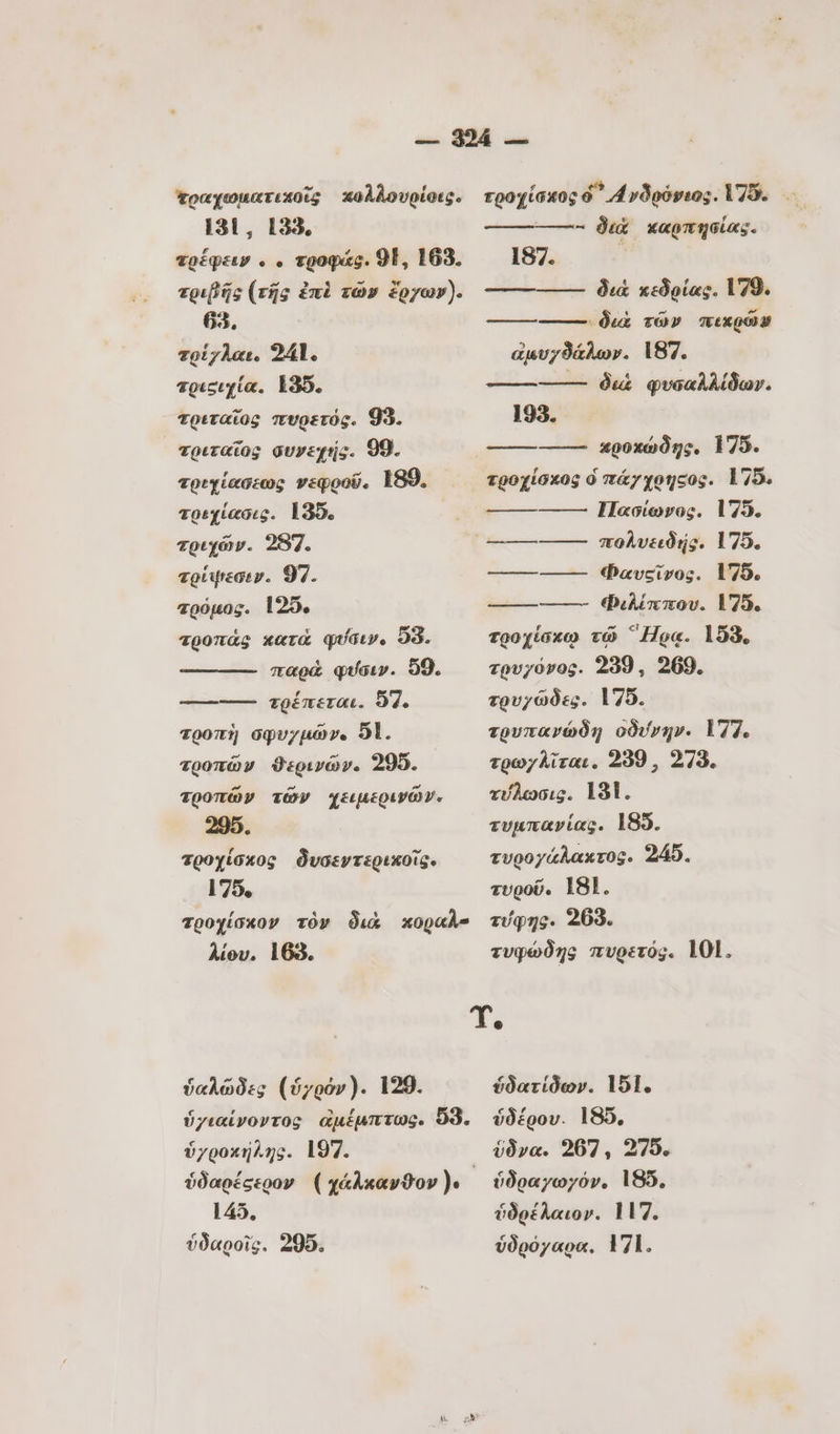 πραχωματικοῖς κολλουρίοες. 131, 133. τρέφειν o ο τροφάς. 91, 163. τριβῆς (τῆς ἐπὶ τῶ» ἔργων). 63. ερέχλαε. 24]. τριςιχία. 195. τριταῖος πυρετός. 93. τριταῖος συνεχής. 99. τρεχέασεως νεφροῦ. 189. τρεχίασις. 135. τρεχῶν. 287. τρίψεσιν. 97. σρύμος. 125. τροπὰς κατὰ φύσιν, 99. παρὰ φύσιν. 99. -------- τρέπεται. 94. τροπὴ σφυγμῶν. 5l. τροπῶν ϑερινῶν. 295. τροπῶν τῶν χειμερινῶν. 286. τροχίσκος δυσεντερικοῖς. 175. τροχίσκος ὁ 4νδρόνεος. πο. ——- διά καρπησίας. 187. ---------- διὰ κεδρίας. 179. amm διὰ τῶν πικρῶν ἀμυγϑάλων. 187. διὰ φυσαλλίδων. ο... 193. κροκώδῃς, 179. τροχίσκος ὁ πάγχρηςος. 175. Πασίωνος. 175. πολυειδής. 175. Φαυςῖνος. 175. Φιλίππου. 175. τροχίσκῳ và Ηρα. 158. τρυγόνος. 239, 269. τουγώδες. 175. τρυπανώδῃ οδύνην. LTT. τρωχλῖται. 239 , 279. τύλωσις. 19]. τυμπανίας. 1895. τυρογάλακτος. 245. τυροῦ. 18]. λίου. 163. Ψαλῶδες (ὑγρόν). 129. ὑχιαίνοντος ἀμέμπτως. 59. ὑχροκήλης. 197. 145. ὑδαροῖς. 295. τυφώδης πυρετός. 101. ὑδατίδων. 151. ὑδέρου. 195. ὕδνα. 2607, 275. ὑδραγωγόν. 185, ὑδρέλαιον. 117. ὑδρόχαρα. Vl.