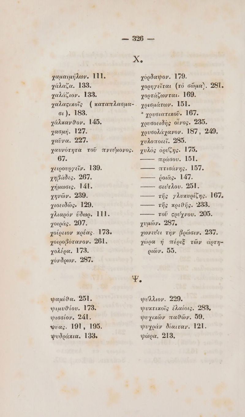 χαμαιμήλων. 111. χάλαζα. 133. χαλάζιον. 133. χόρδαψον. 179. χορηγεῖται (τὸ σῶμα). 281. χορτάζωνται. 169. σι). 183. χάλκανθον. 145. χασμή. 127. χαῦνα. 224. * χρυσιατικοῦ. 167. χουσοειδὴς οἶνος. 235. χρυσολάχανον. 187, 249. χυλοποιεῖ. 255. 67. χειρουργεῖν. 199. χηβάδες. 267. χήμωσις. 14. χηνῶν. 239. χιοειδῶς, 129. χλιαρὸν ὕδωρ. 111. χοιράς. 207. χοίρειον κρέας. 178. χοιροβότανον. 201. χολέρα. 173. χόνδρων. 287. ψαμίϑα. 251. γγιμυϑίου. 178. ψισσίον. 241. Φυας. 191, 195. q'vOo&amp;xix, 199. πράσου. 151]. ——— πτισάνης. 157. ῥοιᾶς. 147. ------ σεύτλου. 251. ——— τῆς γλυκυρίζης. 167. ——— τῆς κριϑῆς. 233. τοῦ «ρυύχνου. 205. χυμῶν. 287. χωνεύει τὴν βρῶσιν. 237. ΄ [2 $ ~ ` χώρα ý πέριξ τῶν αρτη- ριῶν. 65, Y. ψύλλιον. 229. ψυκτικοῖς ἐλαίοις. 283. ψυχικῶν παθῶν. 69. ψυχρὰν δίαιταν. 121. ψώρα. 213.