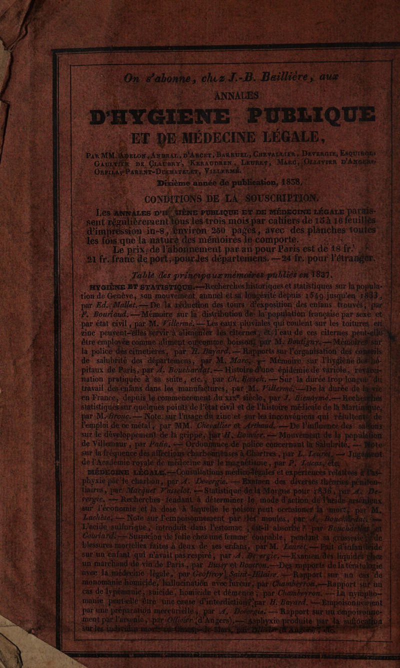 ET DE MÉDECINE LÉGALE, ae decor Axa, H'ancer, anna, Cuevatuien-Dévanare, un Le GAULAIRR De (rANsRY, KERAUDREN. LEURERS Ds caro ns OR RP ER Dore Yistermé. ‘ PASSER ee cahon, 1858, ë Dixième ‘annéé de pt heat: CONDITIONS DE A. SOUSCRIPTON: re LesA Ka Es on HÈNE PUBLIQUE ET DE MÉDECINE LÉGALE par à [sent régulièrement tous les trois mois par catiers de 154 16 feuillés. - d'impression in-8,Ænviron: 250 pages, avec des proue tou 65,1 les fo que la naturé des mémoires Je.comporté. = | 1 Le prix:de l'éborinement par an-pour Paris est de 18 fr: f 1 fr.fratic de port, -pourdes départeniens. —24fr. pour l'étranger. ; Table des printpauxmémoënes. ptites! en T8. | à obte gr STATS TIQUE—-Recherches historiques et statitiques sur la pe tion de Genève, son mouvement annuélétist lopsévite depuis 1540, jusqu'en 1893; par Ed Mallet.==De à réduction des tours d'exposition ‘des enfans trouvés; par | 2 F. Bouriaud Te sur ke diswibution de. Ja: “arte ce par sexe et de Fe Mémoi Ë Fo dre su roc : emens Æ M. Matos = Mémoire sur lhydi pitaux àé pa 4: Bouthartat lune” “épidémieue variole,: x “nation pratiquée à Sa suite, etc:s par Chi Béck. — Sur la durée frop longue? | travail desénfans dans lés “manufadiures, par Me PillermeDe;la durée de le &gt;. | en France, depuis le commencement du xrx® siècle, par. Bientymé Rech ei | statistiquéssur quelques points de Sue civil et dé l’histoire médicale de la Marti pes | par MBrouc.— Note: sur l'usage dWzinciet: Sur les inconvégiens. qui: résulter 1 UE l'emploi de 0e métal, par. MM. “Chepallier et Athaud.. — De l'influence: . À F'sur le développement. dela grippe de # à “horaier. = — ons Ja ide Villethaur ;-pâr Pal, = Ordou fence-d : ©]. sur la fréguence desatféetio curieuses à Cha - de l'Académie royale de médecine sur le magnétian -| MÉDÉGREE. Nav ni re nécHeG a de us ae | es ent sur ; . Ve ps l'estomac: 4 &gt; EST 7 je ee | qui n'avait He {un a vide Paris, par Dr Poe ‘A avec Jamédéonre légale, par Geoffroy 2H manie homicide, ii avec irêu dat F sb se 'interdioli 4, % ue