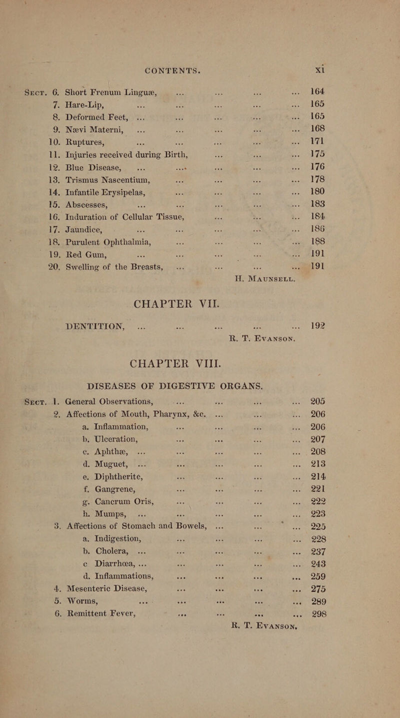 Sect. 6. Short Frenum Lingue, ts a ae Lee AOE 7. Hare-Lip, sie oe ep wh: RNA ai 8. Deformed Feet, ... * bed a: Ge ol BS 9. Neevi Materni, ... sie ie > va 468 10. Ruptures, pe oR me me a led ig | 11. Injuries received during Birth, ec ue Seta 5 12. Blue Disease, ... he, daa fe es 3 13. Trismus Nascentium, ie Fei +e cat, LES 14. Infantile Erysipelas, Ha , i ee ... 180 15. Abscesses, ae as le 3 16. Induration of Cellular Tissue, a Se i. 184 17. Jaundice, ; te a a TG Se. 18. Purulent Ophthalmia, cee ee ay em 188 19. Red Gum, as se ay ise we wag 20. Swelling of the Breasts, ... Ne Beant: Bos ‘eee 9 I H. MAuUNSELL. CHAPTER VII. DENTITION, _... rie nak eS ee 1S R, T. Evanson. CHAPTER VIII. DISEASES OF DIGESTIVE ORGANS. Seer. 1. General Observations, ae fe oy tee (205 2, Affections of Mouth, Pharynx, &amp;c. ... a. Bee LOG a. Inflammation, ae “i ae bi neO6 b, Ulceration, od ae te nee Us c. Aphthe, ... eee a ore ».. 208 d. Muguet, ... aes 4 ay tin he e, Diphtherite, me Are re wo» §=214 f, Gangrene, oer ie Ni 7eo. oe g. Cancrum Oris, = Bor <bs cape eee h. Mumps, ... : one as vaHey ee 3, Affections of Stomach and Bowels, fe ee eee OOS a, Indigestion, sip ae ap we OS b. Cholera, ... ae pe tes Meg ier as Pe ce Diarrhea, ... ee a doe aoa 248 d. Inflammations, eg sak Fe? ov. 209 4, Mesenteric Disease, ier ae pei ream fe 5. Worms, cae vee ode aaa -» 289 6. Remittent Fever, ae 203 ves a» 298 R. T. Evanson,