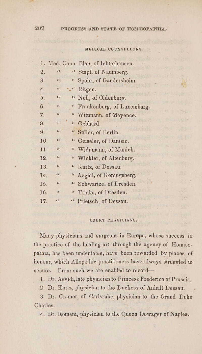 MEDICAL COUNSELLORS. Med. Coun. Blau, of Ponterhancen: l. Pe 4 “ Stapf, of Naumberg. 3. a “ Spohr, of Gandersheim. oe 4, s** Ritgen, 7 5. “ © Nell, of Oldenburg. 6. s “ Frankenberg, of Luxemburg. he dy “* Wittmann, of Mayence. 8 «Gebhard. | 9. eé “ Stiller, of Berlin. 10 ** Geiseler, of Dantsic. 1S ete ‘© Widnmann, of Munich. (CAE “ Winkler, of Altenburg. amd [ee) nan nw Kurtz, of Dessau. Aegidi, of Koningsberg. a oO sb nw nw n on no nw nm nw Schwartze, of Dresden. Trinks, of Dresden. fend fond “I n~ an n n a ‘“‘ Prietsch, of Dessau. COURT PHYSICIANS.: Many physicians and surgeons in Europe, whose success in the practice of the healing art through the agency of Homeo- pathia, has been undeniable, have been rewarded by places of honour, which Allopathic practitioners have always struggled to secure. From such we are enabled to record— 1. Dr. Aegidi,late physician to Princess Frederica of Prussia. 2. Dr. Kurtz, physician to the Duchess of Anhalt Dessau. 3. Dr. Cramer, of Carlsruhe, physician to the Grand Duke Charles. 4. Dr. Romani, physician to the Queen Dowager of Naples.