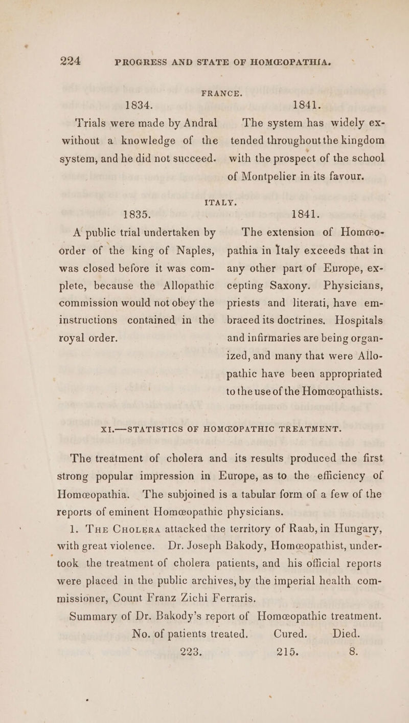 FRANCE. 1834. 1841. Trials were made by Andral The system has widely ex- without a knowledge of the tended throughout the kingdom system, and he did not succeed. with the prospect of the school of Montpelier in its favour. ITALY, 1835. 1841. A public trial undertaken by The extension of Hommo- order of the king of Naples, pathia in Italy exceeds that in was closed before it was com- any other part of Europe, ex- plete, because the Allopathic cepting Saxony. Physicians, commission would not obey the priests and literati, have em- instructions contained in the bracedits doctrines. Hospitals royal order. _ and infirmaries are being organ- ized, and many that were Allo- pathic have been appropriated to the use of the Homeopathists. XI.—STATISTICS OF HOM@OPATHIC TREATMENT. The treatment of cholera and its results produced the first strong popular impression in Europe, as to the efficiency of Homeopathia. The subjoined is a tabular form of a few of the reports of eminent Homeopathic physicians. 1. THe Cuovera attacked the territory of Raab, in Hungary, with great violence. Dr. Joseph Bakody, Homeopathist, under- “took the treatment of cholera patients, and his official reports were placed in the public archives, by the imperial health com- missioner, Count Franz Zichi Ferraris. Summary of Dr. Bakody’s report of Homeopathic treatment. No. of patients treated. Cured. Died. 223. 215. 8.