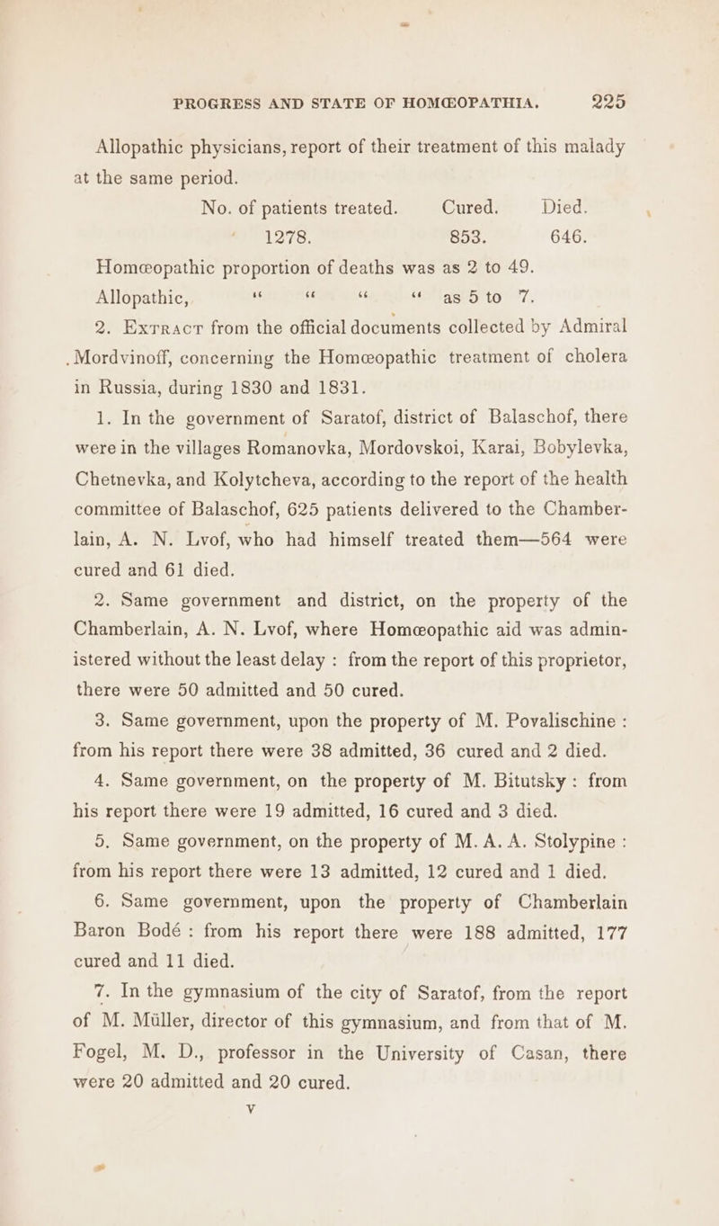 Allopathic physicians, report of their treatment of this malady at the same period. No. of patients treated. Cured. Died. 1278. 853. 646. Homeopathic proportion of deaths was as 2 to 49. Allopathic, a f - ‘nig! to’ °7. 2. Exrracr from the official documents collected by Admiral .Mordvinoff, concerning the Homeopathic treatment of cholera in Russia, during 1830 and 1831. 1. In the government of Saratof, district of Balaschof, there were in the villages Romanovka, Mordovskoi, Karai, Bobylevka, Chetnevka, and Kolytcheva, according to the report of the health committee of Balaschof, 625 patients delivered to the Chamber- lain, A. N. Lvof, who had himself treated them—564 were cured and 61 died. 2. Same government and district, on the property of the Chamberlain, A. N. Lvof, where Homeopathic aid was admin- istered without the least delay : from the report of this proprietor, there were 50 admitted and 50 cured. 3. Same government, upon the property of M. Povalischine : from his report there were 38 admitted, 36 cured and 2 died. 4, Same government, on the property of M. Bitutsky: from his report there were 19 admitted, 16 cured and 3 died. 5, Same government, on the property of M.A. A. Stolypine : from his report there were 13 admitted, 12 cured and 1 died. 6. Same government, upon the property of Chamberlain Baron Bodé: from his report there were 188 admitted, 177 cured and 11 died. 7. In the gymnasium of the city of Saratof, from the report of M. Muller, director of this gymnasium, and from that of M. Fogel, M. D., professor in the University of Casan, there were 20 admitted and 20 cured. v