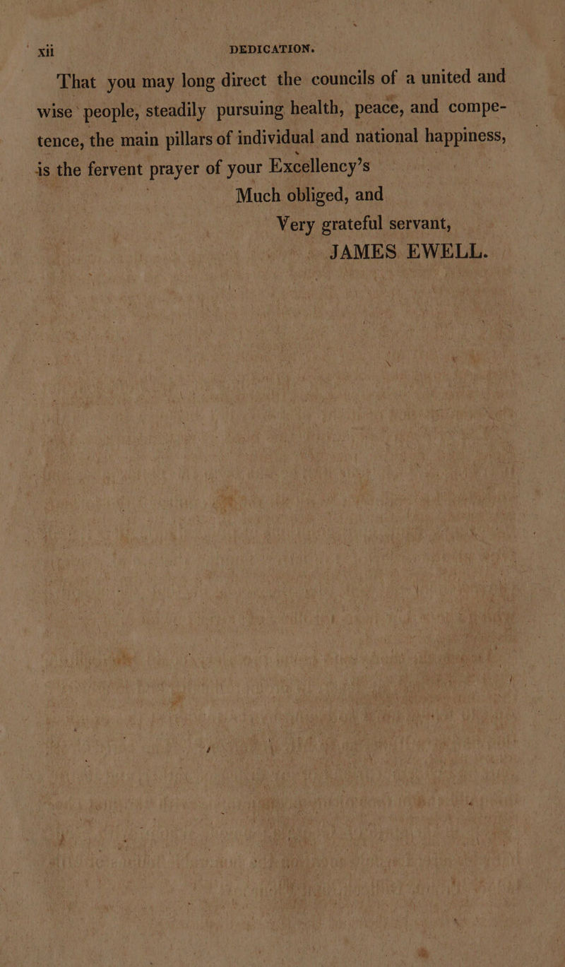 That you may long direct the councils of a united and wise ' people, steadily pursuing health, peace, and compe- tence, the main pillars of individual and national happiness, As the fervent prayer of your Excellency’ S Much obliged, and Very grateful servant,