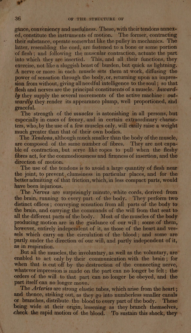 , oa gance, conveniency and usefulness. These, with their tendons annex- ed, constitute the instruments of motion. The former, contracting their substance, operate somewhat like the pulley in mechanics. The latter, resembling the cord, are fastened to a bone or some portion of flesh; and following the muscular contraction, actuate the part into which they are inserted. This, and all their functions, they exercise, not like a sluggish beast of burden, but quick as lightning. A nerve or more in each muscle sets them at work, diffusing the power of sensation through the body, or, returning upon an impres- — sion from without, giving all needful intelligence to the soul; so that ly they supply the several movements of the active machine: out- wardly they render its appearance plump, well proportioned, and graceful. | a ay bh The strength of the muscles is astonishing in all persons, but especially in cases of frenzy, and in certain extraordinary charac- ters, who, by the use of a few muscles only, will easily raise a weight much greater than that of their own bodies. aa The Tendons, although much smaller than the body of the muscle, are composed of the same number of fibres. They are not capa- ble of contraction, but serye like ropes to pull when the fleshy fibres act, for the commodiousness and firmness of insertion, and the The use of the tendons is to avoid a large quantity of flesh near the joint, to prevent, clumsiness in particular places, and for the better admitting of that friction, which, in less compact parts, would have been injurious. De abe ae The Nerves are surprisingly minute, white cords, derived from — the brain, running to every part of the body. They perform two distinct offices ; conveying sensation from all parts of the body to the brain, and carrying the commands of the will from that seat to all the different parts of the body. Most of the muscles of the body producing motion are in the guidance of our will; some of them, however, entirely independent of it, as those of the heart and ves- sels which carry on the circulation of the blood; and some are as in respiration. | ” , : But all the muscles, the involuntary, as well as the voluntary, are” enabled to act only by their communication with the brain; for when that is cut off by the destruction of the connecting nerve, whatever impression is made on the part can no longer be felt; the orders of the will to that part can no longer be obeyed, and the part itself can no longer move. | ee The Arteries are strong elastic tubes, which arise from the heart ; and thence, striking out, as they go into numberless smaller canals or branches, distribute the blood to every part of the body. These being wide at their origin, lessening as they branch themselves, check the rapid motion of the blood. 'To sustain this shock, they .