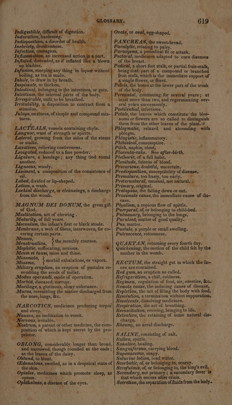 \ 1 Indigestible, difficult of Induration, hardening: i Indisposition, a disorder of hea h gee Inebriety, drunkenness. sath: Rese, on aig i Infection, 1 agion, “ot ie: at Inflammation, an increased son Inflated, distended, as if inflated i i up bladder. part. blown _ boiling, as tea is made. Inspissate, to thicken, Intestinal, belonging to the intestines, « or a Intestines, the internal parts of the body. | Irrespirable, unfit.to be breathed. “y Irritability, a disposition to contract from a stimulus. ‘ulaps, mixtures, of vitae i compound mix- tures. ‘ a ~~ > Tat guor, want of strength or spirits. Lateral, growing from the ides of the stems or stalks. Laxatives, relieving Gia VBiibes. Levigated, reduced to a fine powder. Ligature, a bandage; any thing tied. ibund another. igneous, woody. Lobed, divided or ee antnet Lotion, awash, ~ Lochial discharge, or eleansings, a discharge from the womb. of God, Mastication, act of chewing . Meconium, the infant’s first or black stools. Membrane; a web of fibres, incon uyen for co- vering certain parts. Menses, Menstruation, b the monthly courses. Miasmata, Miasma, . Miliary eruption, an eruption of pustules re- sembling the seeds of millet. Modus operandi, mode of operation. Morbid, diseased, corrupt. Mucilage, a glutinous, slimy substance. » Mucus, resembling the matter discharged from the nose, lungs, Re. * morbid exhalations, or vapors.. \ VAR COTICS, medicines producing torpor| and sleep, © Nostrum, a patent or other medicine, the com- position of which is apt secret by the pro- ah OBLONG, considerably longer than broad, and narrowed, though rounded at the ends; : as the leaves of the daisy. Obtund, to blunt. the skin. - Opiates, medicines which promote sleep, ‘as sa “Ah almia,a, disease of the eyes. F & Ovate, or oval, egg-shaped. of the irdast. being that, ‘part of a compound or branched fruit stalk, which is the immediate support of single flower, or floret. is, the bones at the lower part of the trunk of the body. rennial, I shtinuing for several years; at - least more than two, and regerminating: sev~ eral years successively. soms or flowers are so called to ey them from the other leaves of the plant. # phlegm. Phlogistic, inflammatory. : Placenta-cake. See after-birth. Plethoric, of a full habit. Predisposition, susceptibility of disease. Preternatural, unusual, not natural, Primar original. - Prolapsus, the falling down or out. Proximate cause, the immediate cause of dis~ ease. Ptyalism, a copious ow of spittle. Puerperal, of, or belonging to child-bed. Pulmonary, belonging to the lungs. Purulent, matter of good quality. Pus, matter. Pustule, a purple or small swelling. Putrescence, Neihbas hr QUARTAN, reba every fourth wh Quickening, the motion of the child felt ry the mother 1 in the womb. “RECTUM, the straight gut in which the fen ces arecontained. Red gum, an eruption so called. Refrigeration, a chill, coldness. Regimen, regulation of food, air, exercise, ke. Remote cause, the inducing cause of disease, Repletion, the act of filling the body with food. Resolution, a termination “without suppur ation. Resolvents, dissolving medicines. | — Respiration, the act of breathing. | Resuscitation, reviving, bringing to life. Retention, the retaining of some natural dis= charge, Rheumy, an acrid discharge. SA LINE, consisting of salt. Saliva, spittle. Sanative, healing. eh Sanguiferous, carrying head wie Saponaceous, soapy. Saturine lotion, lead water. Scorbutic, of, or belonging to, scurvy. Scrofulous, of, or belonging to, the king’s viias ’ Secondary, not primary ; a secondary fever ‘is that which occurs after crisis. Secretion, the separation of fluids from the body.