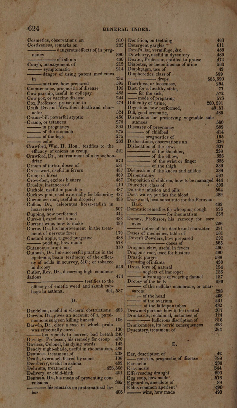 Cosmetics, observations on 310 Siesnution, on teething 463 _ Costiveness, remarks on 282 Detergent gargles ~ 611 a iaaben effects of, in preg- -Devil’s list, vermifuge, &amp;c. 489 nancy 90 | Dewberry, useful in dj ysentery 489 is oF infants 460 | Dexter, Bromensce pitied to praise 474 Cough, management of 213 Diabetes, or incontinence of urine _ 260 symptomatic — 214 | Diaphragm, use of 49 danger | of using patent medicines Diaphoretics, class of » 589 in 215 | —— drops. 585, 590 mixture, how prepared 595. Diarrheea, or looseness, 294 ~ Countenance, prognostic. of disease — 195 | Diet, for a healthy state, - dete 7 ‘Cow parsnip, useful in epilepsy), 485 | —— for the sick, Filys 572 Cow pox, or vaccine disease 244 | —— mode of preparing Rew CUBES ~ Cox, Professor, praise due. to 474 | Difficulty of urine, - | 260, 391 Craik, Dr. and Mrs.. hee death and eins | Digestion, how performed, 49, 51 acter 524 | Dill, good aromatic, ABS - Crains-bill powerful sanene i 486 | Directions for peeerrng vegetable sub-.. ~Cramp, or tetances 275} stances _ 660 in pregnancy 393 | Diseases of pregnancy 389 of the stomach 9715} of childbed » 414 —— of the legs: 275 | ——-— proenostics of 195 colic | 283 Dislocations, observations on 336 - Crawford, Wm. H. Hon., testifies to the Dislocation of the jaw. . 337 “efficacy of onions in croup 521 -—-———- of the shoulder, 338 Crawford, Dr., his treatment. of a hypochon- ———--—— of the elbow, 338 . driac ———--—— of the wrist or finger 338 Cream of tartar, doses of 581 | —— of the thigh 339 » Cross-wort, useful in fevers 487 | Dislocation of the knees and ankles 339 Croup or hives 469 | Dispensatory 587 | » Crow-foot, excites blisters _ .487.| Disposition of children, how tobe managed 444 Cruelty; instances of ~~ 110} Diuretics, class of. 593 Cucko d, useful in jaundice 487 | Diuretic infusion and pills © 594 ~ Cuckow pint, used externally for blistering 487 | Dock water, purifies the blood — 489 Cucumber-root, useful in dropsies 488 | Dog-wood, best substitute for the Peruvian: ~ Cullen, Dr., celebrates horse-radish in ce ae 489 hoarseness 507 | Domestic remedies for Bungee cough 596 Cupping, how performed 344 |. — for rheumatism 562 Cure-all, excellent. tonic. 488 | Dorsey, Professor; his ays for sore | Currant wine, how to make - 488] | eyes » 226 Currie, Dr., his improvement in.the treat- . — notice of his ent and char acter. 291 -— ment of nervous fever. Sey 179 | Doses of medicines, table of » 581 _ Custard apple, a good purgative . - 488 | Dover’s Powders, how prepared 591 - pudding, how made 678 | -—— doses 0 585 ~ Cutaneous eruptions 310 | Dragon’s claw, useful in fevers. 490 - Cutbush, Dr., his successful practice in the © Dragon’ $ root, used for blisters | 490 , epidemic, bears testimony of the effica- Drastic purges 588 y of acids in scurvey, 510 ; of sobecte _ | Dressing of: infants 438 in dropsy 546! Dress, love of, natural 134, “Cutler, Rev. Dr., deserving high commen- — neglect of, improper » 136 dations 474 | ——— advantages of wearing flannel 137 siincLeciiock testifies to the | Dropsy of the belly hut) 206 efficacy of emetic weed and skunk'cab- | - of the cellular. membrane, or or anat-) &gt; _ bage in asthma. Naat «Aoi, 537 Saree” ais “298 . —— of the head hie 468 Dog Yuka ‘| ——— of the ovarium = . &gt; 431 . lg - of the falloipan tubes. 432  Dugdetion, usefal i in viscera obstructions 488 | Drowned persons how to be treated $17 _ Darwin, Dr.,. gives an account of a parsi- | Drunkards, reclaimed, instances of. 124 --. Monious surgeon kalling himself By 106 —— ludicrous discription gh, &gt; 316 - Darwin, Dr., cites a case in which pride Drunkenness, its horrid’ ee 5 423 was effectually cured 130 | Dysentery, treatment of - 264 ——-— his remedy to correct bad breath 240'| the ee « Davidge, Professor, his remedy for croup 470 De la « Daviess, Colonel, his dying words 143. YB,’ _ Deadly night-shade, 1 useful in rheumatism, 489 Ke : - Deafness, treatment of 4 238 Bar, description oh ; tiie AD ~ ‘Death, overmuch feared by some + - 106°} —— noise in, progosi of’ eg ¥99 ~ Deerberry, useful in ashma 489 | Far-ache i : 238 . - Delirium, treatment of ae hac 423, 566 | Esaymosis : _ 344 - Delivery, or child-birth inte , 401. Effervescing draught pty OPO i , Denman, Dr., his mode of preventing con- _| Exgg soup, how made’ JM TES. vulsions 395 Eginardus, anecdote of 89 ‘prmermea ~ his remarks on preternatural la.) Elder,e common aperient' 490° bor, 8 ——— wine, how made “490 a ee ae ee
