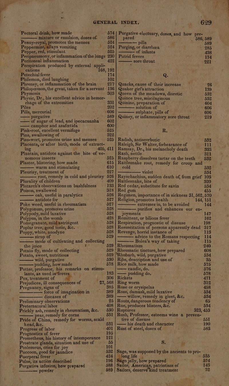 “Pectoral drink, how made _ 5741! Purgative electuary, doses, eid how pre- — fixture or emulsion, doses of. 586] pared 586, 589 Penny-royal, promotes the menses _ 524 — pills * es ;\:) Peppermint, allays vomiting 524] Purging, or diarrhoea 5: 285 Pepper, red, stimulant ~ 626} .— — of infants 438 Peripneumony, or inflammation of the lungs 230] Putrid fevers 174 Peritoneal inflammation 422 - sore throat. 22} Perspiration produced by external appli- ’ ; _ cations 68, 192 ! Petechial fever, 174] - ; Q. Philemon, died laughing 102 Phrensy, or inflammation of the brain 217} Quacks, cause of their increase 26 Philopeemon, the great, taken for a servant 136 | Quaker girl’s attraction 139 Phymosis 303 | Queen of the meadows, diuretic 532 Physic, Dr., his excellent advice in hemor- Quince tree, mucilaginous _ §32 rhage of the extremities 331 | Quinine, preparation of 604 Piles ; 202 —— solution of 606 Pills, mercurial -606 sulphate, pills of 606 purgative . '~ 589} Quinsy, or inflammatory sore throat 219 of sugar of lead, and ipecacuanha 602 —— camphor and asafcetida 600 |, Pink-root, excellent vermifuge 525 R. Pins, swallowing of ah 322 Piss-wort, promotes urine and menses 525 | Radish, antiscorbutic Sane Placenta, or after birth, mode of extract- Raleigh, Sir Walter, forbearance of ge 4 gl ing se 405, 411 | Ramsay, Dr., his melancholy death ~ 333 Plantain, antidote against the bite of ve- Rash, nettle 311 _ nomous insects 525 | Raspberry dissolves tartar on the teeth 532 Plaster, blistering, how made — : 615 | Rattlesnake root, remedy for croup and warm and stimulating 610 cold 532 Pleurisy, treatment of ae | —- violet 534 - root, remedy in cold and pleurisy 526 | Rayschachius, sudden death of, from grief 103 - Plurality of children - 409 | Rattlesnake, bite of 320 Plutarch’s observations on bashfulness 133 | Red cedar, substitute for savin 534 Poison, swallowed 318 | Red gum 455 oak, useful in paralytics 526 | Regimen, importance of in sickness 31, 562, 570 antidote for . 527 | Religion, promotes health + © 144, 151 Poke weed, useful in rheumatism - &amp;27)/— extremes in, to be avoided _ 144 Polygonum, promotes urine 528 | ————— purifies and enhances our en- Polypody, mild laxative + 628] ‘joyments 147 Polypus, in the womb 428 | Remittent, or bilious fever 162 Pomegranate, mild astringent bit 528 | Respiration, prognostic of disease 198 Poplar tree, good tonic, &amp;c. 528 | Resuscitation of persons apparently dead 317 Poppy, white, anodyne 528 | Revenge, horrid instance of 113 sirup of 529 advice to the Romans respecting 114 mode of cultivating and collecting —— Bolea’s way of taking 115 ’ the juice ; ' 529 | Rheumatism 240 Potato fly, mode of collecting 529 | Rheumatic tincture, how prepared 608 Potato, sweet, nutritious 529 Rhubarb, wild, purgative ont hee wild, purgative 530 Ribs, description and use of ek 35 pudding, how made : 578 | Rice milk, how made 575 Potter, professor, his remarks on stimu- caudle, do. 576 lants, as used in*fevers «© _ 183 | —— pudding do. ‘ 578 Pox, treatment of ; __ 306 | Rickets 471 Prejudices, ill consequences of 27, 568 | Ring worm _ ' 312 Pregnancy, signs of _ | 385 | Rose or erysipelas 458 —— force of imaginationin ~ 389 | Rose, damask, mild laxative 534 diseases of - 389. willow, remedy in gleet, &amp;c, 534 Preliminary observations 25 | Routs, dangerous tendency of © 65 Preternatural labor . ‘408 | Rue, produces blisters, &amp;c. 534. | Prickly ash, remedy in rheumatism, &amp;c. 530 | Ruptures eh aks 323, 453 pear, remedy for corns i 531 | Rush, Professor, esteems wine a preven- Pride of China, remedy for worms, scald _ tive of disease head, &amp;c. 531 | —— his death and character ; 190 Progress of labor 401 | Rust of steel, doses of : 583 Prognostics of fever 195 Prometheus, his history of intemperance 121 , Prostrate glands, situation and use of 55 Ss. hy - Ptolemeus, cries for jo 101 Puccoon, good for jaundice 532 | Sage, was supposed by the ancients to pro- Puerperal fever 424} Jong life, ‘Pulse, its action described 196 0 jelly, how prepared . 574 Purgative infusion, how prepared 588 | Sailor, American, patriotism of 143 — powder _ 89 | Sailors, deserve kind treatment 32