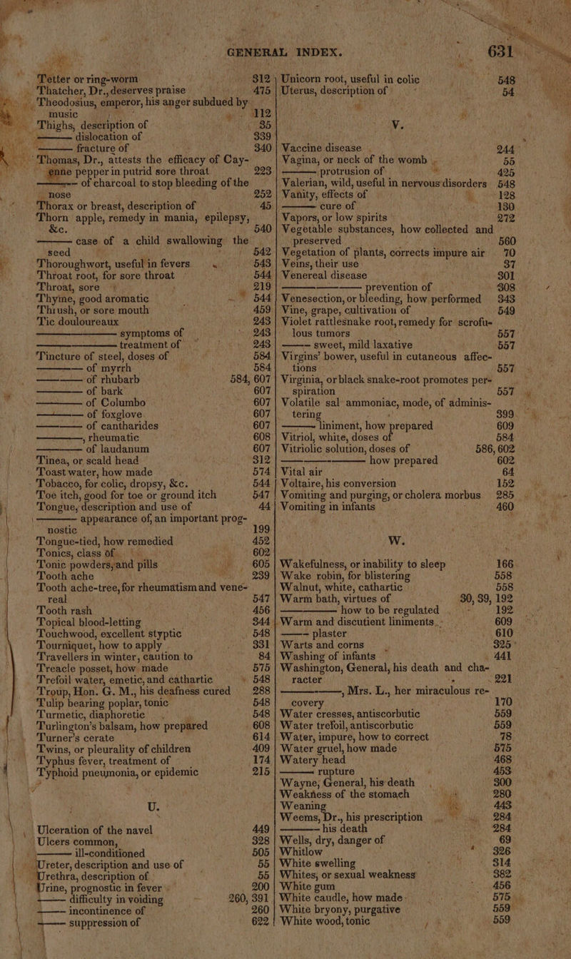 ' Tet tter or ring-worm ‘G12: 2 Thatcher, Dr., deserves praise AT5 Theodosius, emperor, his anger subdued by ey music ae 8 | a Thighs, deseription of 4 E35 ies A raed dislocation of 339 ——— fracture of 340 ate ‘Thomas, Dr., attests the afiency of Cay- i ees 29 “ pepper in putrid sore throat — of charcoal to stop bleeding of the _. hose 252 . iirc or breast, description of — 45, Thorn apple, remedy i in mania, epilepsy, Ge 540 ( case of a child swallowing the.) i seed f | §42 i Thoroughwort, useful in fevers “ 543 : Throat root, for sore Sarge 544 ‘Throat, sore 219 Thyme, good aromatic ne B44 Thrush, or sore mouth 459 Tic. denloureads 243 symptoms of 243 treatment of 243 Tincture of steel, doses of 584 — of myrrh . 684 —— of rhubarb 584, 607 en ——— of bark 607 , of Columbo | 607 ==. of foxglave: 607 — —— of cantharides 607 , rheumatic 608 of laudanum 607 Tinea, or scald head 312 ‘Toast water, how made 574 - Tobacco, for colic, dropsy, &c. 544 i Toe itch, good for toe or ground itch 547 i Tongue, ie escription and use of 44 \ appearance of, an important prog- nostic . 199 Tongue-tied, how remedied 452 Tonics, class 2) A 602 | Tonic powders,and pills » 605 Tooth ache oe 239 Tooth Rene they for rheumatism and vene- real 547 | Tooth rash 456 Topical blood-letting Touchwood, excellent styptic Tourniquet, how to apply . . 648 Travellers in winter, caution to 84 Treacle posset, how. ‘made 575 Trefoil water, emetic, and cathartic » 548 Troup, Hon. G. M., his deafness cured 288 Tulip bearing poplar, tonic. 548 Turmetic, diaphoretie 548 Turlington’ s balsam, how prepared Turner’s cerate Twins, or pleurality of children Typhus fever, treatment of Typhoid ‘Arahigmnaars or epidemic e ne i v¥ v. \ , Ulceration of the navel | Ulcers common, { ill-conditioned a) | reter, description and use of ‘Urethra, description of | 55 dias) prognostic in fever 200 difficulty in yuki 260, 391 ———- incontinence of 260 —— suppression of Uterus, description of ' i V. Vaccine disease 944° Vagina, or neck of the wah 55 protrusion of “* 425 Valerian, wild, useful in nervous’ Miisedete 548 Vanity, effects of 128 cure of eit or POO Vapors, or low spirits © 272 Vegetable substances, how collected and . preserved 560 Vegetation of plants, corrects aay air 70 Veins, their use 37 Venereal disease 301 oa prevention of 308. Venesection, or bleeding, how performed 343 557 | Vine, grape, cultivation of 549 Violet rattlesnake root,remedy for scrofu- lous tumors ——-— sweet, mild laxative 557 Virgins’ bower, useful i in cutaneous affec~ tions 557 Virginia, or black iiakanrnes promotes per- on spiration 5o7 Volatile sal neal, mode, of adminis- tering liniment, how prepared 609 Vitriol, white, doses of 584 Vitriolic solution, doses of 586, 602 — ea how prepared 602 Vital air 64 Voltaire, his conversion 152 Vomiting and purging, or cholera morbus 285 ‘Vomiting in infants Ww. ‘ Wakefulness, or inability to sleep 166. Wake robin, for blistering 558 Walnut, white, cathartic 558 Warm bath, virtues of 30, 39, 192 —— how to be reputed 5 192 | Warm and discutient liniments. : 609 —- plaster 610 Warts and corns 325 * Washing of infants 44} Washington, General, his death and cha- racter 221 ——, Mrs. L., her miraculous re- covery 170 Water cresses, antiscorbutic 559° Water trefoil, antiscorbutic 659 Water, impure, how to correct 8 Water gruel, how made 575 _| Watery head 468 rupture 453 Wayne, General, his death _ 300 Weakness of the stomach i 280 Weanin . 443 Westns, Dr his prescription fae anne BOF -hisdeath | 284 Wells, dry, danger of SRE 69 Whitlow *s, 826 White swelling , 4 314 Whites, or sexual wrealcasal 382 White gum 456 — | White caudle, how made- 573 White bryony, purgative 559° White wood, tonic } 559