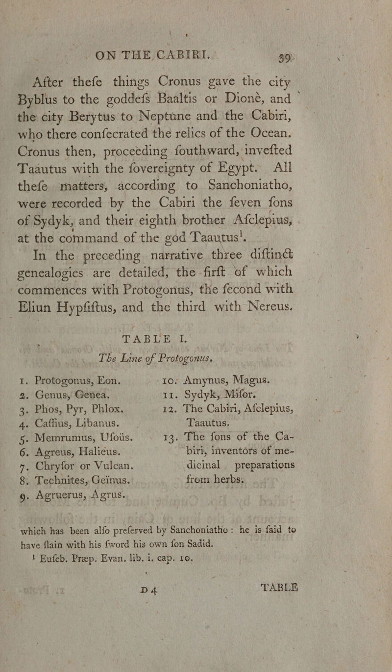 After thefe things Cronus gave the city Byblus to the goddefs Baaltis or Dioné, and the city Berytus to Neptune and the Cabiri, who there confecrated the relics of the Ocean. Cronus then, proceeding fouthward, inv efted Taautus with the fovereignty of Egypt. All thefe matters, according to Sanchoniatho, were recorded by the Cabiri the feven fons of Sydyk, and their eighth brother Afclepius, at the command of ihe god Taautus'. In the preceding narrative three diftin&amp; genealogies are detailed, the firft of which commences with Protogonus, the fecond with Eliun Hypfiftus, and the third with Nereus. DAB UROL Mey? Line of Protogonus. 1. Protogonus, Eon. 10. Amynus, Magus. 2. Genus, Genea, 11. Sydyk, Mifor. 3. Phos, Pyr, Phlox. 12. The Cabiri, Afclepius, 4. Caffius, Libanus. , Taautus. s. Memrumus, Ufoiis. © 13. The fons of the Ca- 6. Agreus, Haliecus. ‘piri, inventors of me- 4, Chryfor or Vulcan. dicinal preparations 8. Technites, Geinus. from herbs: g. Agruerus, Agrus. which has been alfo preferved by Sanchoniatho: he is faid to have flain with his fword his own fon Sadid. 1 Eufeb, Prep. Evan. lib. i, cap. 10. D4 | TABLE