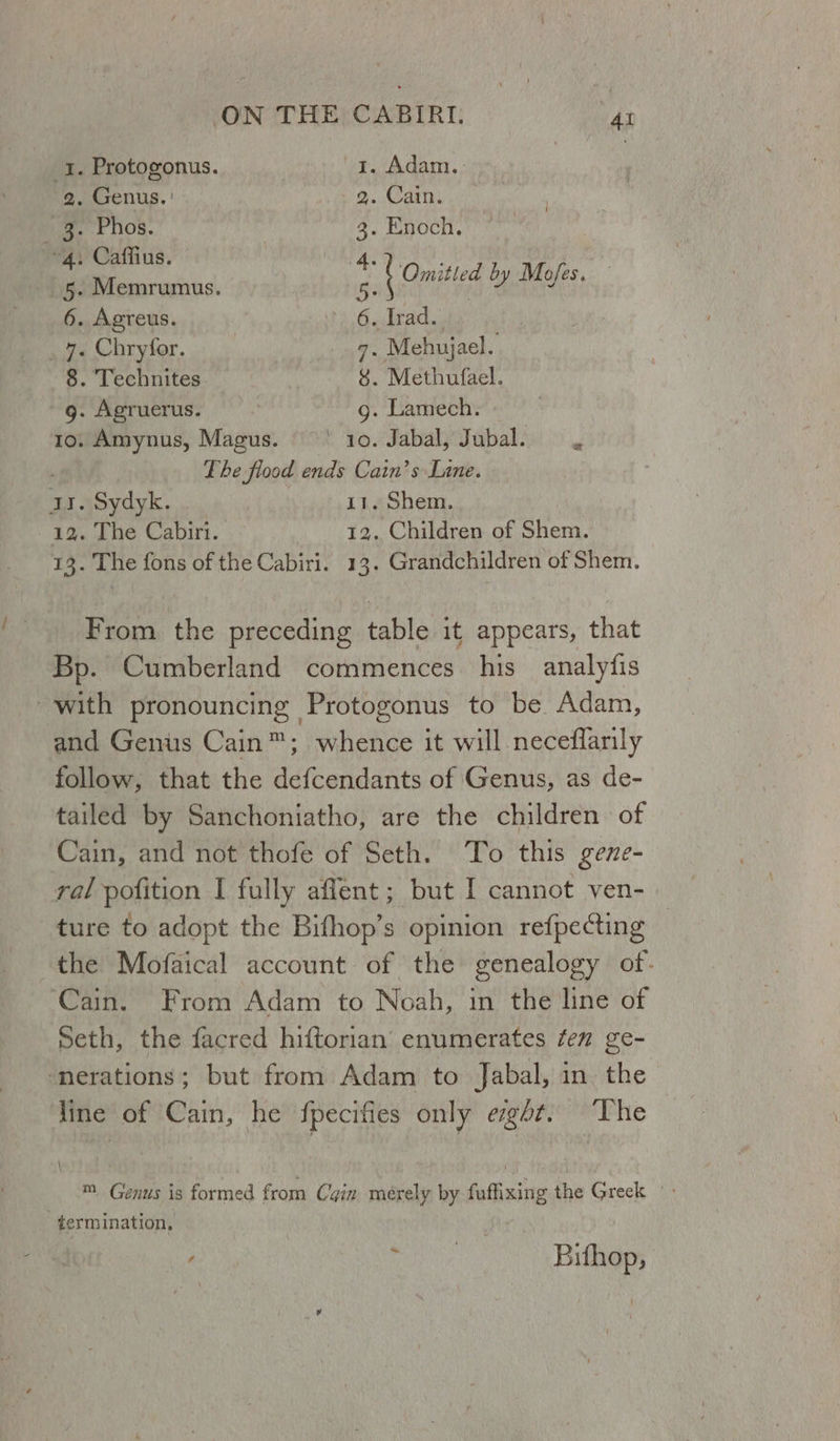 1. Protogonus. 1. Adam. : 2. Genus. ' 2. Cain. o 4. Phos. 3. Enoch. | $oMemrumus. gop Qmiled by Mats 6. Agreus. 6. Trad. . _ 4. Chryfor. 7. Mehujael. 8. Technites &amp;. Methufael. g. Agruerus. g. Lamech. to. Amynus, Magus. ©‘ 10. Jabal, Jubal. The flood ends Cain’s Line. ai. Sydyk.. _ 11. Shem. 12. The Cabiri. 12. Children of Shem. 13. The fons of the Cabiri. 13. Grandchildren of Shem. From the preceding table it appears, that Bp. Cumberland commences his analyfis with pronouncing -Protogonus to be. Adam, and Genus Cain™; whence it will neceflarily follow, that the defcendants of Genus, as de- tailed by Sanchoniatho, are the children of Cain, and not thofe of Seth. To this gene- ral pofition I fully aflent; but I cannot ven-_ ture to adopt the Bifhop’s opinion refpecting the Mofaical account of the genealogy of. ‘Cain. From Adam to Noah, in the line of Seth, the facred hiftorian enumerates fen ge- -nerations; but from Adam to Jabal, in the line of Cain, he fpecifies only et. ‘The ™ Genus is formed from Cain merely by fuffixing the Greek termination, Boe oh) Beside.