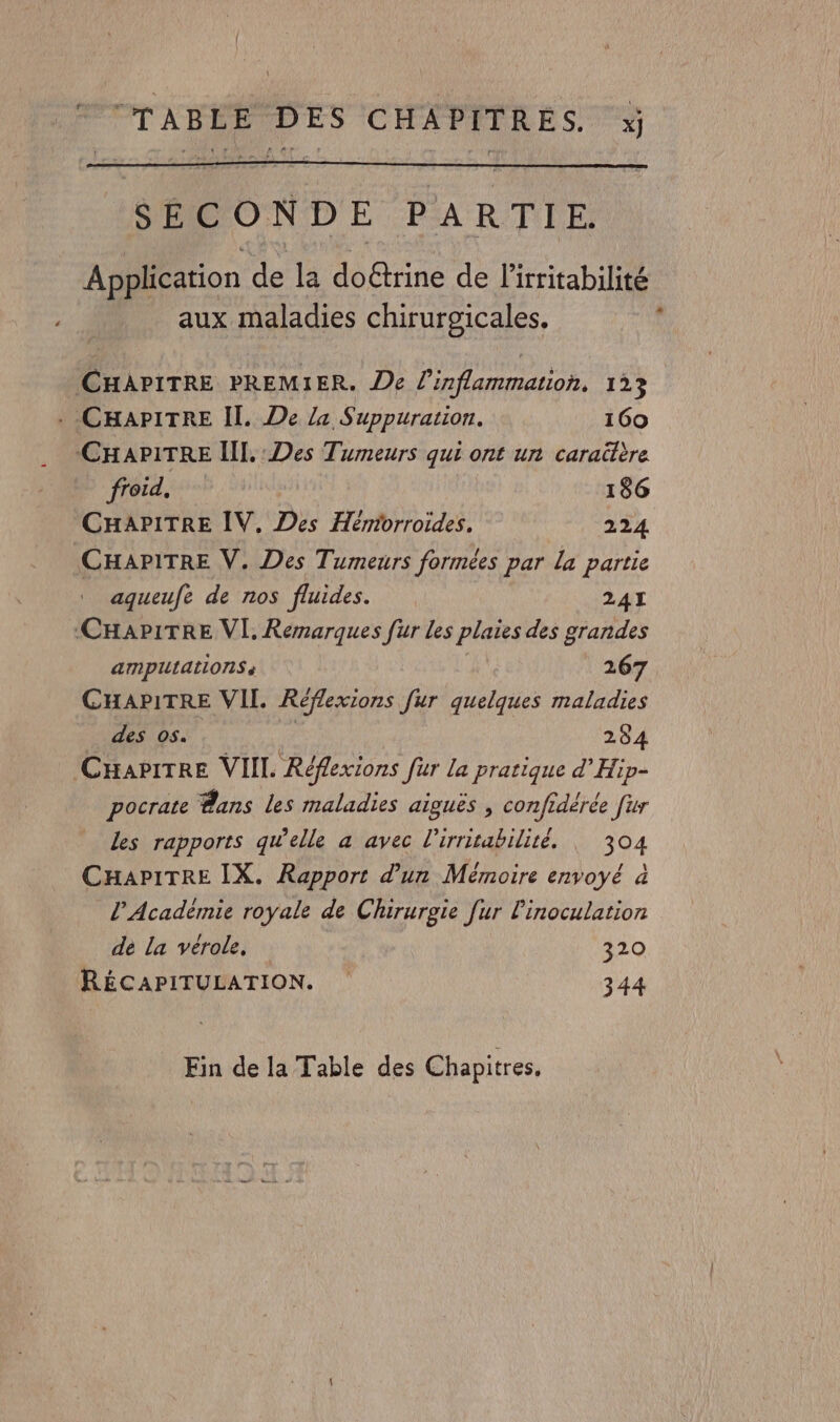 #'TTABLE DES CHAPITRÉS. x SECONDE PARTIE. Application de la doëtrine de l'irritabilité aux maladies chirurgicales. CHAPITRE PREMIER. De l'inflammation. 123 | - CHAPITRE Il. De la Suppuration. 160 CHAPITRE III. Des Tumeurs qui ont un caraïtère froid, 186 CHAPITRE IV. Des Hémorroïdes. 224 CHAPITRE V. Des Tumeurs formées par la partie aqueufe de nos fluides. 241 CHAPITRE VI. Remarques fur Les plaies des grandes ampuLAtiONs « 267 CHAPITRE VII. Réflexions fur quelques maladies des 05. | 284 CHapriTRE VIIL. Réflexions Jüur la pratique d’Hip- pocrate ans les maladies aiguës , confidérée fur les rapports qu’elle a avec l’irrirabiliré. : 304 CHariTRE IX. Rapport d'un Mémoire envoyé à l’Académie royale de Chirurgie [ur linoculation de La vérole, 320 RÉCAPITULATION. 344 Fin de la Table des Chapitres,