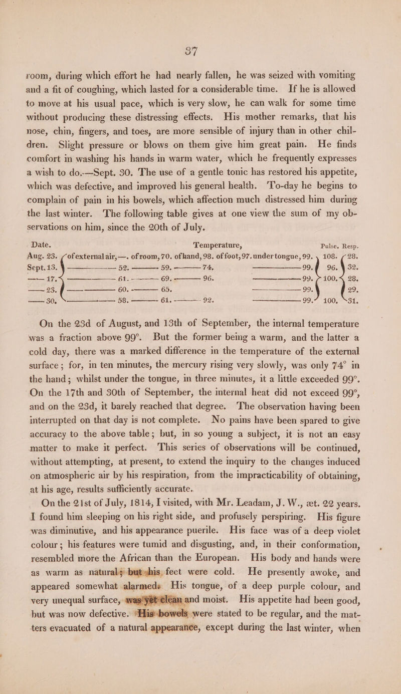 room, during which effort he had nearly fallen, he was seized with vomiting and a fit of coughing, which lasted for a considerable time. If he is allowed to move at his usual pace, which is very slow, he can walk for some time without producing these distressing effects. His mother remarks, that his nose, chin, fingers, and toes, are more sensible of injury than in other chil- dren. Slight pressure or blows on them give him great pain. He finds comfort in washing his hands in warm water, which he frequently expresses a wish to do..—Sept. 30. The use of a gentle tonic has restored his appetite, which was defective, and improved his general health. ‘To-day he begins to complain of pain in his bowels, which affection much distressed him during the last winter. The following table gives at one view the sum of my ob- servations on him, since the 20th of July. Date. Temperature, Pulse. Resp. Aug. 23. (ofexternal air,—. of room, 70. ofhand, 98. of foot, 97. under tongue, 99. , 108. (28. Sept.13. ¥ —— — 52. - 59. 74, 99.7 96. } 52. —— 17.4, —— 61. -———. 69. - 96. ——— 99. 7 100.< 28, —~ 23. f —— 60. - 65. ———_—————— 99, 29. 30. \————--—-— 58. = 61, -———_ 92. ae metincoreraneens 79° TOOL Shi, On the 23d of August, and 13th of September, the internal temperature was a fraction above 99°. But the former being a warm, and the latter a cold day, there was a marked difference in the temperature of the external surface ; for, in ten minutes, the mercury rising very slowly, was only 74° in the hand; whilst under the tongue, im three minutes, it a little exceeded 99°. On the 17th and 30th of September, the mternal heat did not exceed 99°, and on the 23d, it barely reached that degree. ‘The observation having been interrupted on that day is not complete. No pains have been spared to give accuracy to the above table; but, in so young a subject, it is not an easy matter to make it perfect. This series of observations will be continued, without attempting, at present, to extend the inquiry to the changes induced on atmospheric air by his respiration, from the impracticability of obtaining, at his age, results sufficiently accurate. On the 2ist of July, 1814, I visited, with Mr. Leadam, J. W., xt. 22 years. I found him sleeping on his right side, and profusely perspiring. His figure was diminutive, and his appearance puerile. His face was of a deep violet colour ; his features were tumid and disgusting, and, in their conformation, resembled more the African than the European. His body and hands were as warm as naturals butwhis, feet were cold. He presently awoke, and appeared somewhat armen: _ tongue, of a deep purple colour, and very unequal surface, avas'yet clean : His appetite had been good, but was now defective. ‘His-bowels were stated to be regular, and the mat- ters evacuated of a natural appearance, except during the last winter, when