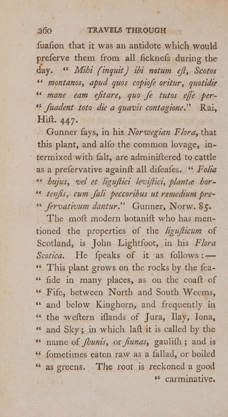 fuafion that it was an antidote which would preferve them from all ficknefs during the day. 6 Mibi (inguit) ibi notum of, Spa “&lt;&lt; montanos, apud quos copiofe oritur, quotidie “&lt; mane eam efitare, quo fe tutos effe per- fuadent toto die a quavis contagione.’ Rai, Hitt. 447. | Gunner fays, in his Norwegian Flora, that this plant, and alfo the common lovage, in- - termixed with falt, are adminiftered to cattle as a prefervative againft all difeafes. Foha ‘€ hujus, vel et liguftict leviftici, plante bor- ‘€ tenfis, cum Joli peccoribus ut remedium pre- 6 fervativum dantur.’ Gunner, Norw. 85. The moft modern botanift who has men- tioned the properties of the Agufticum of Scotland, is John Lightfoot, in his Flora Scotica. He fpeaks of it as follows:— “ This plant grows on the rocks by the fea- “ fide in many places, as on the coaft of “ Fife, between North and South Weems, “ and below Kinghorn, and frequently in ‘ the weftern iflands of Jura, Ilay, Iona, “ and Sky3.in which laft it is called by the “ name of /bunis, or funas, gaulifh ; and is ‘¢ fometimes eaten raw as a fallad, or boiled “ as greens. The root is reckoned a good © carminative.