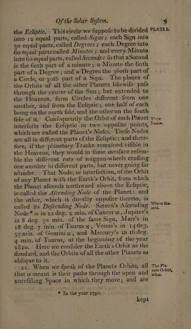 the Ecliptic. This circle we fuppofe to be divided PLATE into 12 equal parts, called Signs; each Sign into 20 equal parts, called Degrees ; each Degree into So-equal parts called Minutes ; and every Minute _ into 60 equal parts, called Seconds : fo that aSecond is the Goth part of a minute; a-Minute the both — part of a Degree ; and a‘Degree the 36oth part of a Circle, or goth part of a Sign. The planes of ‘the Orbits of all the other Planets lkewife pals through the center of the Sun; but extended to the Heavens, form Circles different from one another, and from the Ecliptic; one half of each being on the nortlr fide, and the other on the fouth fide of it, Confequently the Orbit-of each Planet t..ir interfeéts the Ecliptic in two ‘oppolite. panes oo. _ whiclvare called the Planet’s Nodes. Thefe Nodes are all in different parts of the Ecliptic; and thete- fore, ifthe planetary. Tracks remained vifible in the Heavens, they would in ‘fome meafure refem- ble the different ruts of waggon-wheels crofling one another in different parts, hut never going far afunder. That Node; or interfeétion, of the Orbit — of any Planet with the ’Earth’s Orbit, from. which ‘the Planet afcends northward above the Ecliptic, is called'the A/cending Node of the Planet: and the other, which is directly oppofite thereto, ‘is called its Defcending Node. Saturn’s Afcending vo! alone Node * is in 22 deg. 2 min. of Cancer ss , Jupiter’s ‘ jn 8 deg. 30 min.-of the fame Sign, Mars’s in 18 deg. 7 min. of Taurus.y, Venus’s in 14 deg. 57 min. of Geminim, and Mercary’s in 16 deg. 4 min. of Taurus, at the beginning of the year 41810. Here we'confider the Earth’s Orbit as the ftandard, and the Orbits ofall the other Planets as . oblique to it. De Oy TARE 21. When we fpeak of the Planets Orbits, all The Pla. that is meant is their paths through the open and | tai unrefilling Space in which they move ; and are ‘ * In the year 1790. “ p Hewes