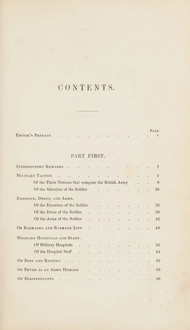 C OaNETEONGE 5. LI Epitor’s PREFACE PART FIRST. INTRODUCTORY REMARKS Minirary Tactics Of the Selection of the Soldier Exercist, Dress, AND ARMS. Of the Exercises of the Soldier Of the Dress of the Soldier Of the Arms of the Soldier Or BARRACKS AND BARRACK LIFE Miuitary Hospirats AND STAFF. Of Military Hospitals Of the Hospital Staff Or Diet anp RATIONS Or FEVER As AN ArRMy DISEASE Or DISINFECTANTS PAGE