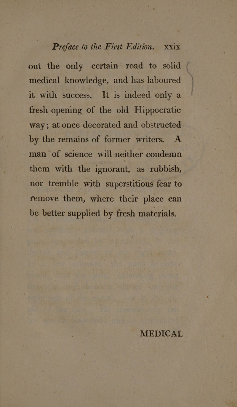 out the only certain road to solid ¢ medical knowledge, and has laboured it with success. It is indeed only a fresh opening of the old Hippocratic way; at once decorated and obstructed by the remains of former writers. A man of science will neither condemn them with the ecm as rubbish, nor tremble with superstitious fear to remove them, where their place can be better supplied by fresh materials. MEDICAL