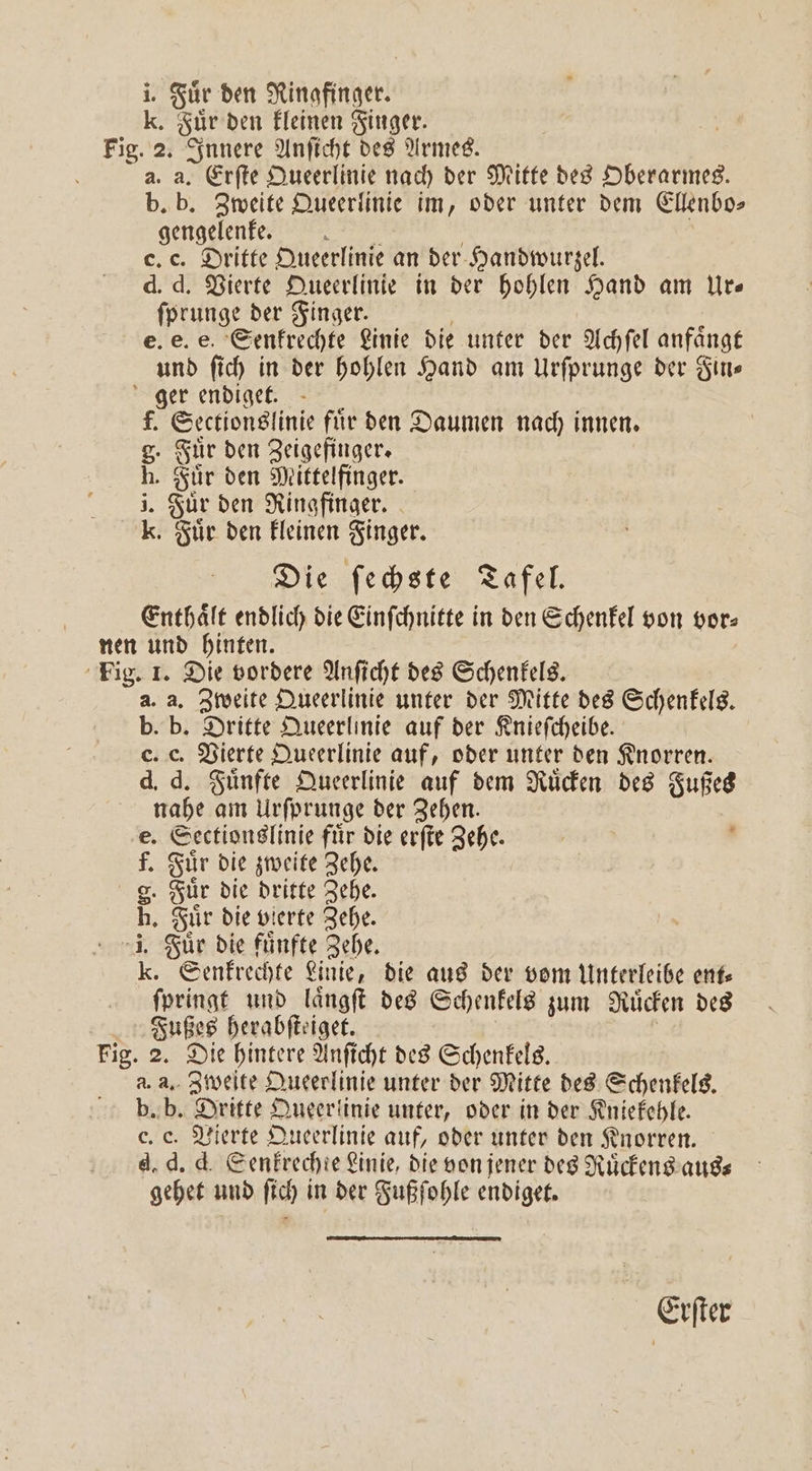 i. Für den Ringfinger. k. Für den kleinen Finger. Fig. 2. Innere Anſicht des Armes. a. a. Erſte Queerlinie nach der Mitte des Oberarmes. b. b. Zweite Queerlinie im, oder unter dem Ellenbo⸗ gengelenke. c. c. Dritte Queerlinie an der Handwurzel. d. d. Vierte Queerlinie in der hohlen Hand am Ur— ſprunge der Finger. e. e. e. Senkrechte Linie die unter der Achſel anfaͤngt und ſich in der hohlen Hand am Urſprunge der Sins ger endiget. f. Sectionslinie fuͤr den Daumen nach innen. g· Fur den Zeigefinger. 0 Fuͤr den Mittelfinger. Fur den Ringfinger. al Fuͤr den kleinen Finger. Die ſechste Tafel. Enthält endlich die Einſchnitte in den Schenkel von vor⸗ nen und hinten. Fig. 1. Die vordere Anſicht des Schenkels. a. a. Zweite Queerlinie unter der Mitte des Schenkels. b. b. Dritte Queerlinie auf der Knieſcheibe. c. c. Vierte Queerlinie auf, oder unter den Knorren. d. d. Fuͤnfte Queerlinie auf dem Ruͤcken des Fußes nahe am Urſprunge der Zehen. Sectionslinie für die erſte Zehe. i Fuͤr die zweite Zehe. a Fuͤr die dritte Zehe. 3 Fuͤr die vierte Zehe. 1. Kür die fünfte Zehe. k. Senkrechte Linie, die aus der vom Unterleibe ent⸗ ſpringt und laͤngſt des Schenkels zum Ruͤcken des | Fußes herabſteiget. Fig. 2. Die hintere Anſicht des Schenkels. a. a. Zweite Queerlinie unter der Mitte des Schenkels. b. b. Dritte Queerlinie unter, oder in der Kniekehle. c d ein a b c. Vierte Queerlinie auf, oder unter den Knorren. „d. d. Senkrechte Linie, die von jener des Ruͤckens aus⸗ gehet und ſich in der Fußſohle endiget. Erſter