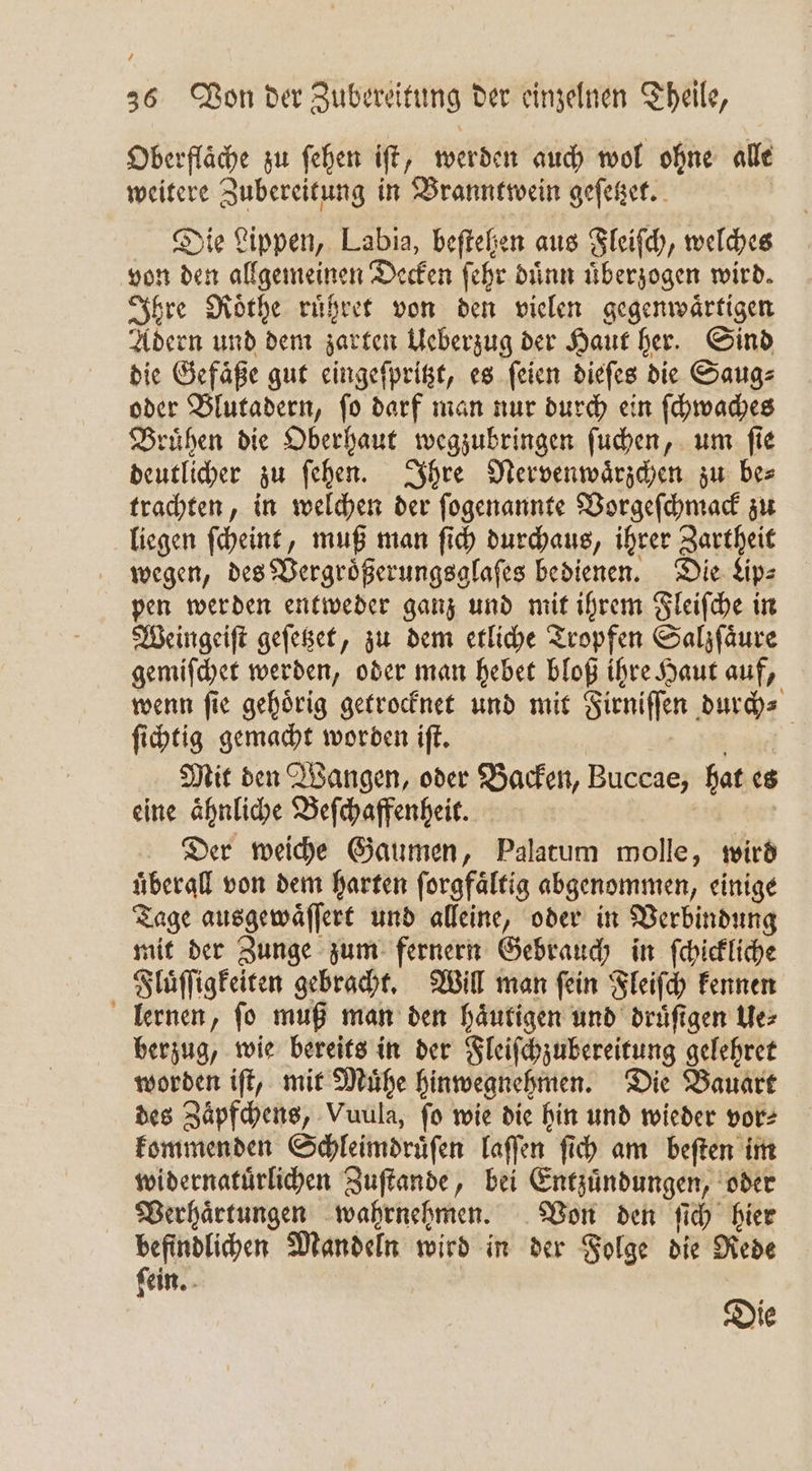 4 36 Von der Zubereitung der einzelnen Theile, Oberfläche zu ſehen iſt, werden auch wol ohne alle weitere Zubereitung in Branntwein geſetzet. Die Lippen, Labia, beſtehen aus Fleiſch, welches von den allgemeinen Decken ſehr duͤnn uͤberzogen wird. Ihre Roͤthe ruͤhret von den vielen gegenwaͤrtigen Adern und dem zarten Ueberzug der Haut her. Sind die Gefaͤße gut eingeſpritzt, es ſeien dieſes die Saug⸗ oder Blutadern, ſo darf man nur durch ein ſchwaches Bruͤhen die Oberhaut wegzubringen ſuchen, um ſie deutlicher zu ſehen. Ihre Nervenwaͤrzchen zu be⸗ trachten, in welchen der ſogenannte Vorgeſchmack zu liegen ſcheint, muß man ſich durchaus, ihrer Zartheit wegen, des Vergroͤßerungsglaſes bedienen. Die Ap⸗ pen wer den entweder ganz und mit ihrem Fleiſche in Weingeiſt geſetzet, zu dem etliche Tropfen Salzſaͤure gemiſchet werden, oder man hebet bloß ihre Haut auf, wenn ſie gehoͤrig getrocknet und mit Sieniffen durch⸗ ſichtig gemacht worden iſt. Mit den Wangen, oder Backen, Buccae, hat s eine ähnliche Beſchaffenheit. Der weiche Gaumen, Palatum molle, wird überall von dem harten ſorgfaͤltig abgenommen, einige Tage ausgewaͤſſert und alleine, oder in Verbindung mit der Zunge zum fernern Gebrauch in ſchickliche Fluͤſſigkeiten gebracht. Will man fein Fleiſch kennen lernen, fo muß man den haͤutigen und druͤſtgen Ue⸗ berzug, wie bereits in der Fleiſchzubereitung gelehret worden iſt, mit Muͤhe hinwegnehmen. Die Bauart des Zaͤpfchens, Vuula, ſo wie die hin und wieder vor⸗ kommenden Schleimdruͤſen laſſen ſich am beſten im widernatuͤrlichen Zuſtande, bei Entzuͤndungen, oder Verhaͤrtungen wahrnehmen. Von den ſich hier befindlichen Mandeln wird in der Folge die Rede ſein. Die
