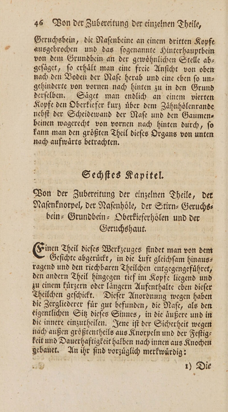 Geruchsbein, die Naſenbeine an einem dritten Kopfe ausgebrochen und das ſogenannte Hinterhauptbein von dem Grundbein an der gewoͤhnlichen Stelle ab— geſaͤget, ſo erhaͤlt man eine freie Anſicht von oben nach den Boden der Naſe herab und eine eben fo un— gehinderte von vornen nach hinten zu in den Grund derſelben. Saͤget man endlich an einem vierten Kopfe den Oberkiefer kurz uͤber dem Zaͤhnhoͤlenrande nebſt der Scheidewand der Naſe und den Gaumen— beinen wagerecht von vornen nach hinten durch, ſo kann man den groͤßten Theil dieſes Organs von unten nach aufwaͤrts betrachten. Sechſtes Kapitel. Von der Zubereitung der einzelnen Theile, der Naſenknorpel, der Naſenhoͤle, der Stirn⸗ Geruchs⸗ bein⸗Grundbein- Oberkieferhoͤlen und der Geruchshaut. | Einen Theil dieſes Werkzeuges findet man von dem eſichte abgeruͤckt, in die Luft gleichſam hinaus⸗ ragend und den riechbaren Theilchen entgegengefuͤhret, den andern Theil hingegen tief im Kopfe liegend und zu einem kuͤrzern oder laͤngern Aufenthalte eben dieſer Theilchen geſchickt. Dieſer Anordnung wegen haben die Zergliederer fuͤr gut befunden, die Naſe, als den eigentlichen Sitz dieſes Sinnes, in die aͤußere und in die innere einzutheilen. Jene iſt der Sicherheit wegen nach außen groͤßtentheils aus Knorpeln und der Feſtig⸗ keit und Dauerhaftigkeit halben nach innen aus Knochen gebauet. An ihr ſind vorzuͤglich merkwuͤrdig: 1) Die