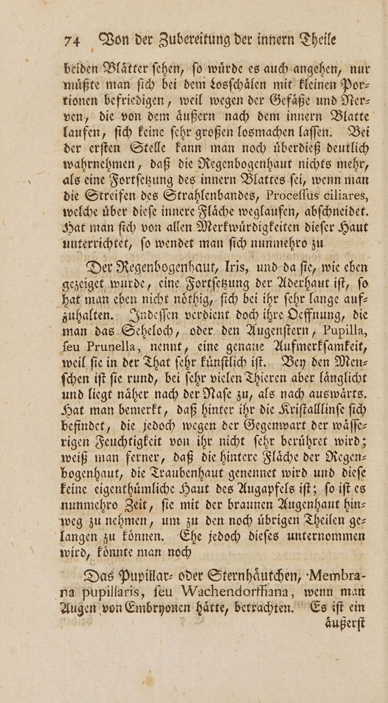 beiden Blaͤtter ſehen, ſo wuͤrde es auch angehen, nur muͤßte man ſich bei dem Losſchaͤlen mit kleinen Por⸗ tionen befriedigen, weil wegen der Gefaͤße und Ner⸗ ven, die von dem aͤußern nach dem innern Blatte laufen, ſich keine ſehr großen losmachen laſſen. Bei der erſten Stelle kann man noch uͤberdieß deutlich wahrnehmen, daß die Regenbogenhaut nichts mehr, als eine Fortſetzung des innern Blattes ſei, wenn man die Streifen des Strahlenbandes, Proceſſus ciliares, welche uͤber dieſe innere Flaͤche weglaufen, abſchneidet. Hat man ſich von allen Merkwuͤrdigkeiten dieſer Haut unterrichtet, ſo wendet man ſich nunmehro zu . Der Regenbogenhaut, Iris, und da fi fi e, wie eben gezeiget, wurde, eine Fortſetzung der Aderhaut iſt, ſo hat man eben nicht noͤthig, ſich bei ihr ſehr lange auf⸗ zuhalten. Indeſſen verdient doch ihre Oeffnung, die man das Seheloch, oder den Augenſtern, Pupilla, ſeu Prunella, nennt, eine genaue Aufmerkſamkeit, weil ſie in der That ſehr kuͤnſtlich iſt. Bey den Men⸗ ſchen iſt fie rund, bei ſehr vielen Thieren aber laͤnglicht und liegt naͤher nach der Naſe zu, als nach auswaͤrts. Hat man bemerkt, daß hinter ihr die Kriſtalllinſe ſich befindet, die jedoch wegen der Gegenwart der waͤſſe⸗ rigen Feuchtigkeit von ihr nicht ſehr beruͤhret wird; weiß man ferner, daß die hintere Flaͤche der Regen— bogenhaut, die Traubenhaut genennet wird und dieſe keine eigenthuͤmliche Haut des Augapfels iſt; ſo iſt es nunmehro Zeit, ſie mit der braunen Augenhaut hin⸗ weg zu nehmen, um zu den noch uͤbrigen Theilen ge⸗ langen zu koͤnnen. Ehe jedoch dieſes unternommen wird, koͤnnte man noch Das Pupillar⸗ oder Sternhaͤutchen, Membra- na pupillaris, ſeu Wachendorffiana, wenn man Augen von Embryonen haͤtte, betrachten. Es iſt ein