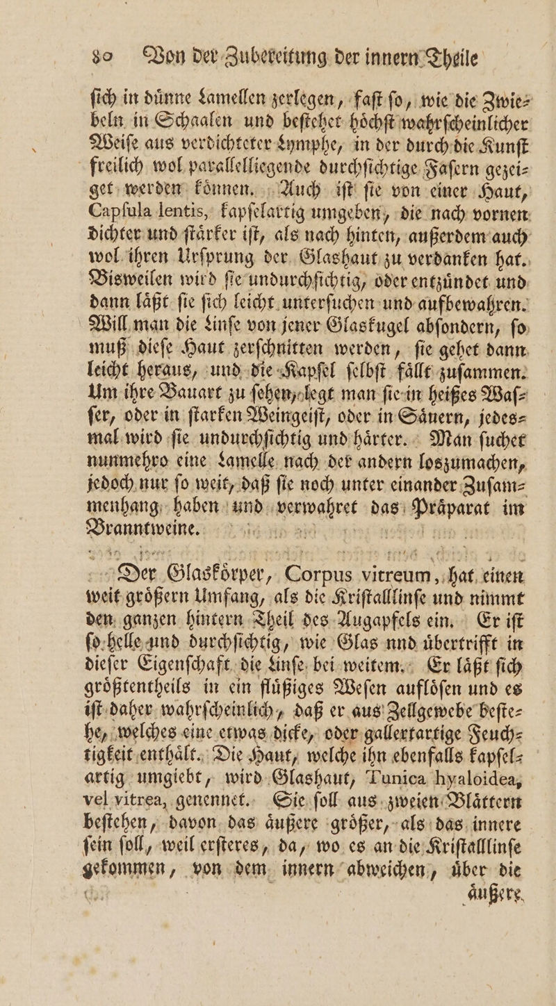 ſich in duͤnne Lamellen zerlegen, faſt ſo, wie die Zwie⸗ beln in Schaalen und beſtehet hoͤchſt wahrſcheinlicher Weiſe aus verdichteter Lymphe, in der durch die Kunſt freilich wol parallelliegende durchſichtige Faſern gezei⸗ get werden konnen. Auch iſt fie von einer Haut, Capfula lentis, kapſelartig umgeben, die nach vornen dichter und ſtaͤrker iſt, als nach hinten, außerdem auch wol ihren Urſprung der Glashaut zu verdanken hat. Bisweilen wird ſie undurchſichtig, oder entzuͤndet und dann laͤßt ſie ſich leicht unterſuchen und aufbewahren. Will man die Linſe von jener Glaskugel abſondern, ſo muß dieſe Haut zerſchnitten werden, ſie gehet dann leicht heraus, und die Kapſel ſelbſt faͤllt zuſammen. Um ihre Bauart zu ſehen / legt man ſie in heißes Waſ⸗ fer, oder in ſtarken Weingeiſt, oder in Saͤnern, jedes⸗ mal wird ſie undurchſichtig und haͤrter. Man ſuchet nunmehro eine Lamelle nach der andern loszumachen, jedoch nur ſo weit, daß ſie noch unter einander Zuſam⸗ menhang haben und verwahret das Praͤparat im Branntwein. e id a n ee id Der Glaskoͤrper, Corpus vitreum, hat einen weit groͤßern Umfang, als die Kriſtalllinſe und nimmt den ganzen hintern Theil des Augapfels ein. Er iſt ſo helle und durchſichtig, wie Glas und uͤbertrifft in dieſer Eigenſchaft die Linſe bei weitem. Er laͤßt ſich groͤßtentheils in ein fluͤßiges Weſen aufloͤſen und es iſt daher wahrſcheinlich, daß er aus Zellgewebe beſte⸗ he, welches eine etwas dicke, oder gallertartige Feuch⸗ tigkeit enthaͤlt. Die Haut, welche ihn ebenfalls kapſel⸗ artig umgiebt, wird Glashaut, Tunica hyaloidea, vel vitrea, genennet. Sie ſoll aus zweien Blaͤttern beſtehen, davon das aͤußere groͤßer, als das innere ‚fein ſoll, weil erſteres, da, wo es an die Kriſtalllinſe gekommen, von dem innern abweichen, uͤber die d | aͤußere.