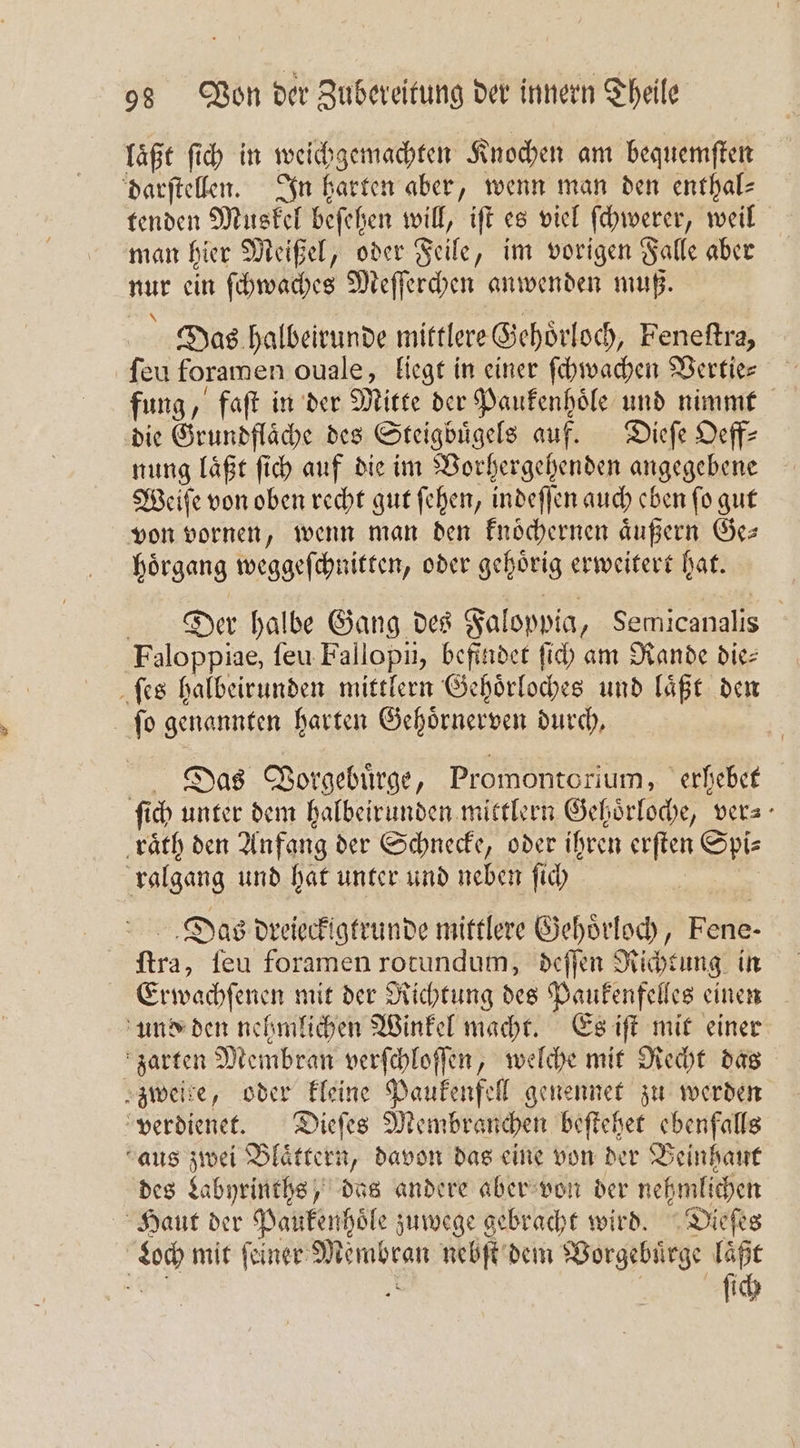 laͤßt ſich in weichgemachten Knochen am bequemſten darſtellen. In harten aber, wenn man den enthal- tenden Muskel beſehen will, iſt es viel ſchwerer, weil man hier Meißel, oder Feile, im vorigen Falle aber nur ein ſchwaches Meſſerchen anwenden muß. Das halbeirunde mittlere Gehoͤrloch, Feneſtra, ſeu foramen ouale, liegt in einer ſchwaͤchen Vertie— fung, faſt in der Mitte der Paukenhoͤle und nimmt die Grundfläche des Steigbuͤgels auf. Dieſe Oeff— nung laͤßt ſich auf die im Vorhergehenden angegebene Weiſe von oben recht gut ſehen, indeſſen auch eben ſo gut von vornen, wenn man den knoͤchernen aͤußern Ge— hoͤrgang weggeſchnitten, oder gehoͤrig erweitert hat. Der halbe Gang des Faloppia, Semicanalıs Faloppiae, ſeu Fallopii, befindet ſich am Rande die⸗ ſes halbeirunden mittlern Gehoͤrloches und laͤßt den ſo genannten harten Gehoͤrnerven durch, Das Vorgebuͤrge, Promontorium, erhebet ſich unter dem halbeirunden mittlern Gehoͤrloche, ver⸗ raͤth den Anfang der Schnecke, oder ihren erſten Spi⸗ ralgang und hat unter und neben ſich Das dreieckigtrunde mittlere Gehoͤrloch, Fene- ſtra, ſeu foramen rotundum, deſſen Richtung in Erwachſenen mit der Richtung des Paukenfelles einen und den nehmlichen Winkel macht. Es iſt mit einer zarten Membran verſchloſſen, welche mit Recht das zweite, oder kleine Paukenfell genennet zu werden verdienet. Dieſes Membranchen beſtehet ebenfalls aus zwei Blaͤttern, davon das eine von der Beinhaut des Labyrinths, das andere aber von der nehmlichen Haut der Paukenhoͤle zuwege gebracht wird. Dieſes Loch mit ſeiner Membran nebſt dem Vorgebuͤrge laͤßt a 5 | ſich