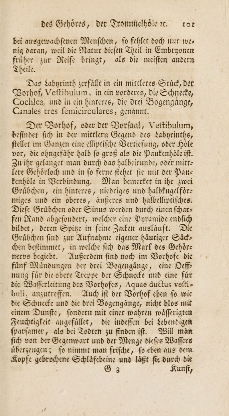 bei ausgewachſenen Menſchen, ſo fehlet doch nur we— nig daran, weil die Natur dieſen Theil in Embryonen fruͤher zur Reife bringt, als die meiſten andern Theile. Das Labyrinth zerfällt in ein mittleres Stuͤck, der Vorhof, Veſtibulum, in ein vorderes, die Schnecke, Cochlea, und in ein hinteres, die drei Bogengaͤnge, Canales tres ſemicirculares, genannt. | Der Vorhof, oder der Vorſaal, Veſtibulum, befindet ſich in der mittlern Gegend des Labyrinths, ſtellet im Ganzen eine elliptiſche Vertiefung, oder Hoͤle vor, die ohngefaͤhr halb ſo groß als die Paukenhoͤle iſt. Zu ihr gelanget man durch das halbeirunde, oder mitt lere Gehoͤrloch und in ſo ferne ſtehet ſie mit der Pau— kenhoͤle in Verbindung. Man bemerket in ihr zwei Gruͤbchen, ein hinteres, niedriges und halbkugelfoͤr— miges und ein oberes, aͤußeres und halbelliptiſches. Dieſe Gruͤbchen oder Sinus werden durch einen ſchar— fen Rand abgeſondert, welcher eine Pyramide endlich bildet, deren Spitze in feine Zacken auslaͤuft. Die Gruͤbchen ſind zur Aufnahme eigener haͤutiger Saͤck— chen beſtimmet, in welche ſich das Mark des Gehoͤr— nervs begiebt. Außerdem ſind noch im Vorhofe die fuͤnf Muͤndungen der drei Bogengaͤnge, eine Oeff— nung fuͤr die obere Treppe der Schnecke und eine fuͤr die Waſſerleitung des Vorhofes, Aquae ductus veſti- buli, anzutreffen. Auch iſt der Vorhof eben ſo wie die Schnecke und die drei Bogengaͤnge, nicht blos mit einem Dunſte, ſondern mit einer wahren waͤſſerigten Feuchtigkeit angefuͤllet, die indeſſen bei Lebendigen ſparſamer, als bei Todten zu finden iſt. Will man ſich von der Gegenwart und der Menge dieſes Waſſers uͤberzeugen; ſo nimmt man friſche, ſo eben aus dem Kopfe gebrochene Schlaͤfebeine und laͤßt ſie durch die G 3 Kunſt,