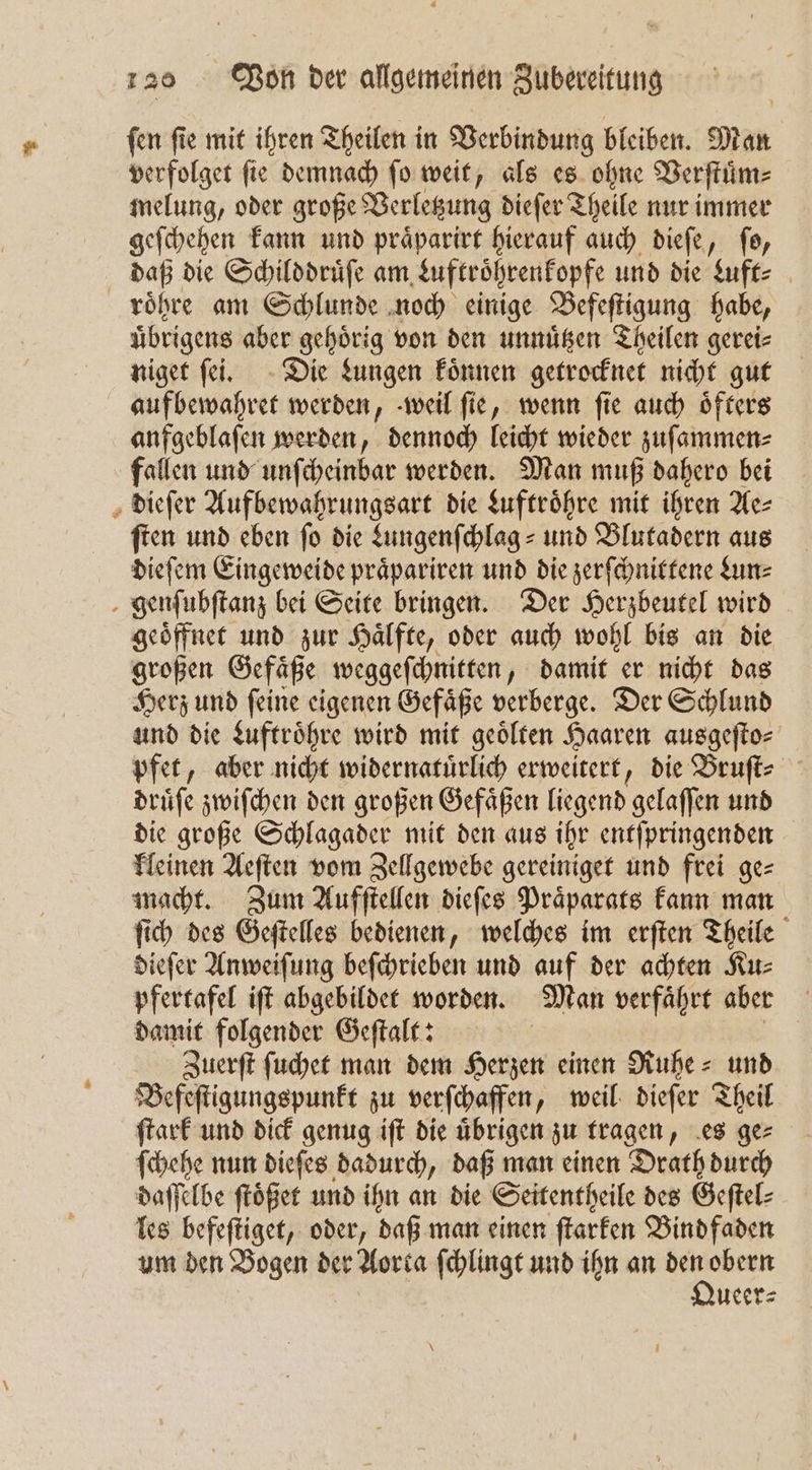 ſen ſie mit ihren Theilen in Verbindung bleiben. Man verfolget fie demnach ſo weit, als es ohne Verſtuͤm⸗ melung, oder große Verletzung dieſer Theile nur immer geſchehen kann und praͤparirt hierauf auch dieſe, ſo, daß die Schilddruͤſe am Luftroͤhrenkopfe und die kuft⸗ | roͤhre am Schlunde noch einige Befeſtigung habe, uͤbrigens aber gehoͤrig von den unnuͤtzen Theilen gerei⸗ niget ſei. Die Lungen koͤnnen getrocknet nicht gut aufbewahret werden, weil ſie, wenn ſie auch oͤfters anfgeblaſen werden, dennoch leicht wieder zuſammen⸗ fallen und unſcheinbar werden. Man muß dahero bei ‚ diefer Aufbewahrungsart die Luftroͤhre mit ihren Ae—⸗ ſten und eben fo die Lungenſchlag- und Blutadern aus dieſem Eingeweide praͤpariren und die zerſchnittene Lun⸗ genſubſtanz bei Seite bringen. Der Herzbeutel wird geoͤffnet und zur Haͤlfte, oder auch wohl bis an die großen Gefaͤße weggeſchnitten, damit er nicht das Herz und ſeine eigenen Gefaͤße verberge. Der Schlund und die Luftroͤhre wird mit geoͤlten Haaren ausgeſto⸗ pfet, aber nicht widernatuͤrlich erweitert, die Bruſt⸗ druͤſe zwiſchen den großen Gefaͤßen liegend gelaſſen und die große Schlagader mit den aus ihr entſpringenden kleinen Aeſten vom Zellgewebe gereiniget und frei ge= macht. Zum Aufſtellen dieſes Praͤparats kann man ſich des Geſtelles bedienen, welches im erſten Theile dieſer Anweiſung beſchrieben und auf der achten Ku⸗ pfertafel iſt abgebildet worden. Man verfaͤhrt aber damit folgender Geſtalt: | | Zuerſt ſuchet man dem Herzen einen Ruhe⸗ und Befeſtigungspunkt zu verſchaffen, weil dieſer Theil ſtark und dick genug iſt die uͤbrigen zu tragen, es ge⸗ ſchehe nun dieſes dadurch, daß man einen Drath durch daſſelbe ſtoͤßet und ihn an die Seitentheile des Geſtel⸗ les befeſtiget, oder, daß man einen ſtarken Bind faden um den Bogen der Aorta ſchlingt und ihn an un Ueer⸗