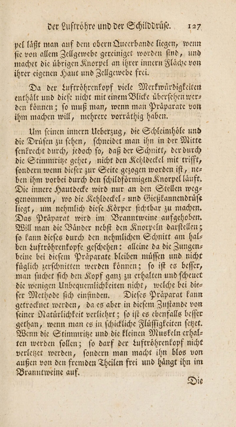 pel laͤßt man auf dem obern Queerbande liegen, wenn ſie von allem Zellgewebe gereiniget worden ſind, und machet die uͤbrigen Knorpel an ihrer innern Flaͤche von ihrer eigenen Haut und Zellgewebe frei. | Da der Luftroͤhrenkopf viele Merkwürdigkeiten enthaͤlt und dieſe nicht mit einem Blicke uͤberſehen wer⸗ den koͤnnen; fo muß man, wenn man Präparate von ihm machen will, mehrere vorraͤthig haben. Um ſeinen innern Ueberzug, die Schleimhoͤle und die Druͤſen zu ſehen, ſchneidet man ihn in der Mitte ſenkrecht durch, jedoch ſo, daß der Schnitt, der durch die Stimmritze gehet, nicht den Kehldeckel mit trifft, ſondern wenn dieſer zur Seite gezogen worden iſt, ne⸗ ben ihm vorbei durch den ſchildfoͤrmigen Knorpel laͤuft. Die innere Hautdecke wird nur an den Stellen weg⸗ genommen, wo die Kehldeckel- und Gießkannendruͤſe liegt, um nehmlich dieſe Koͤrper ſichtbar zu machen. Das Praͤparat wird im Branntweine aufgehoben. Will man die Baͤnder nebſt den Knorpeln darſtellen; fo kann dieſes durch den nehmlichen Schnitt am hal⸗ ben Luftroͤhrenkopfe geſchehen: alleine da die Zungen⸗ beine bei dieſem Praͤparate bleiben muͤſſen und nicht fuͤglich zerſchnitten werden können; ſo iſt es beſſer, man ſuchet ſich den Kopf ganz zu erhalten und ſcheuet die wenigen Unbequemlichkeiten nicht, welche bei die⸗ ſer Methode ſich einfinden. Dieſes Praͤparat kann getrocknet werden, da es aber in dieſem Zuſtande von ſeiner Natuͤrlichkeit verliehrt; ſo iſt es ebenfalls beſſer gethan, wenn man es in ſchickliche Fluͤſſigkeiten ſetzet. Wenn die Stimmritze und die kleinen Muskeln erhal⸗ ten werden ſollen; ſo darf der Luftroͤhrenkopf nicht verletzet werden, ſondern man macht ihn blos von außen von den fremden Theilen frei und haͤngt ihn im Branntweine auf. er Die