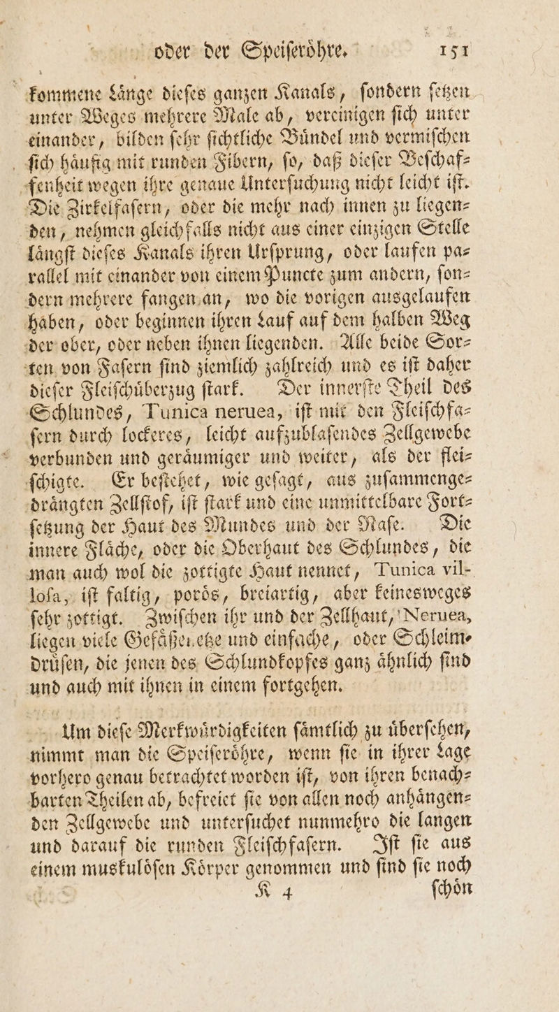 kommene Laͤnge dieſes ganzen Kanals, ſondern ſetzen unter Weges mehrere Male ab, vereinigen ſich unter einander, bilden ſehr ſichtliche Buͤndel und vermiſchen ſich häufig mit runden Fibern, fo, daß dieſer Beſchaf⸗ fenheit wegen ihre genaue Unterſuchung nicht leicht iſt. Die Jirkelfaſern, oder die mehr nach innen zu liegen— den, nehmen gleichfalls nicht aus einer einzigen Stelle längſt dieſes Kanals ihren Urſprung, oder laufen pa— rallel mit einander von einem Puncte zum andern, ſon⸗ dern mehrere fangen an, wo die vorigen ausgelaufen haben, oder beginnen ihren Lauf auf dem halben Weg der ober, oder neben ihnen liegenden. Alle beide Sor—⸗ ten von Faſern ſind ziemlich zahlreich und es iſt daher dieſer Fleiſchuͤberzug ſtark. Der innerſte Theil des Schlundes, Tunica neruea, iſt mit den Fleiſchfa⸗ ſern durch lockeres, leicht aufzublaſendes Zellgewebe verbunden und geraͤumiger und weiter, als der flei— ſchigte. Er beſtehet, wie geſagt, aus zuſammenge⸗ drängten Zellſtof, iſt ſtark und eine unmittelbare Fort⸗ ſetzung der Haut des Mundes und der Naſe. Die innere Flaͤche, oder die Oberhaut des Schlundes, die man auch wol die zottigte Haut nennet, Tunica vil- loſa, iſt faltig, poroͤs, breiartig, aber keinesweges ſehr zottigt. Zwiſchen ihr und der Zellhaut, Neruea, liegen viele Gefaͤßen etze und einfache, oder Schleim⸗ druͤſen, die jenen des Schlundkopfes ganz aͤhnlich ſind und auch mit ihnen in einem fortgehen. Um dieſe Merkwuͤrdigkeiten ſaͤmtlich zu uͤberſehen, nimmt man die Speiſeroͤhre, wenn ſie in ihrer Lage vorhero genau betrachtet worden iſt, von ihren benach⸗ barten Theilen ab, befreiet ſie von allen noch anhaͤngen⸗ den Zellgewebe und unterſuchet nunmehro die langen und darauf die runden Fleiſchfaſern. Iſt ſie aus einem muskuloͤſen Koͤrper genommen und ſind ſie noch 0 K 4 ſchoͤn