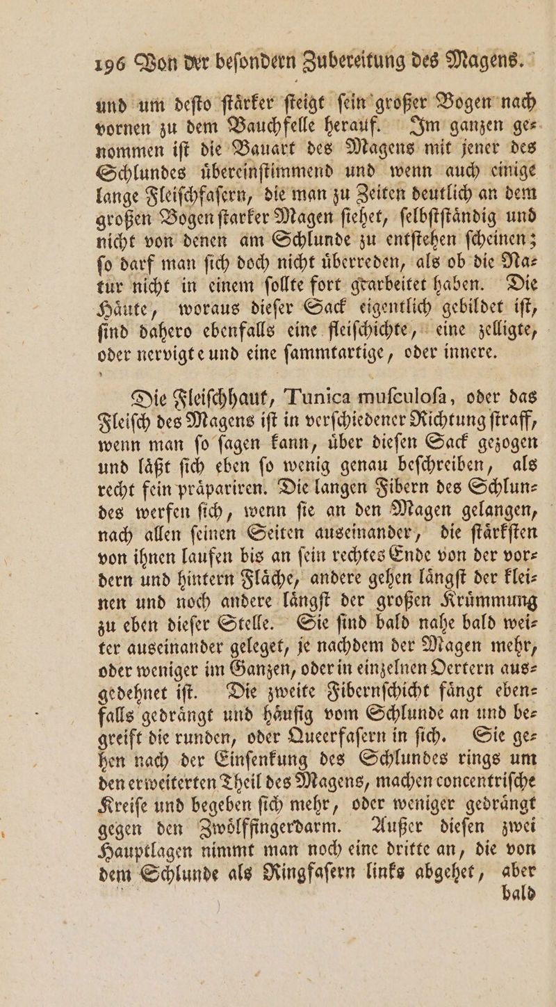 und um deſto ſtaͤrker ſteigt ſein großer Bogen nach vornen zu dem Bauchfelle herauf. Im ganzen ges nommen iſt die Bauart des Magens mit jener des Schlundes uͤbereinſtimmend und wenn auch einige lange Fleiſchfaſern, die man zu Zeiten deutlich an dem großen Bogen ſtarker Magen ſiehet, ſelbſtſtaͤndig und nicht von denen am Schlunde zu entſtehen ſcheinen; ſo darf man ſich doch nicht uͤberreden, als ob die Na⸗ tur nicht in einem ſollte fort gearbeitet haben. Die Haͤute, woraus dieſer Sack eigentlich gebildet iſt, ſind dahero ebenfalls eine fleiſchichte, eine zelligte, oder nervigte und eine ſammtartige, oder innere. Die Fleiſchhaut, Tunica muſculoſa, oder das Fleiſch des Magens iſt in verſchiedener Richtung ſtraff, wenn man ſo ſagen kann, uͤber dieſen Sack gezogen und laͤßt ſich eben ſo wenig genau beſchreiben, als recht fein praͤpariren. Die langen Fibern des Schlun⸗ des werfen ſich, wenn ſie an den Magen gelangen, nach allen ſeinen Seiten auseinander, die ſtaͤrkſten von ihnen laufen bis an ſein rechtes Ende von der vor⸗ dern und hintern Flaͤche, andere gehen laͤngſt der klei⸗ nen und noch andere laͤngſt der großen Kruͤmmung zu eben dieſer Stelle. Sie ſind bald nahe bald wei⸗ ter auseinander geleget, je nachdem der Magen mehr, oder weniger im Ganzen, oder in einzelnen Oertern aus⸗ gedehnet iſt. Die zweite Fibernſchicht faͤngt eben⸗ falls gedrängt und haufig vom Schlunde an und be- greift die runden, oder Queerfaſern in ſich. Sie ge⸗ hen nach der Einſenkung des Schlundes rings um den erweiterten Theil des Magens, machen concentriſche Kreiſe und begeben ſich mehr, oder weniger gedraͤngt gegen den Zwoͤlffingerdarm. Außer dieſen zwei Hauptlagen nimmt man noch eine dritte an, die von dem Schlunde als Ringfaſern links abgehet, an RR | bald