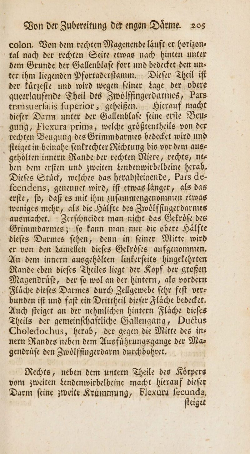 colon. Von dem rechten Magenende laͤuft er horizon⸗ tal nach der rechten Seite etwas nach hinten unter dem Grunde der Gallenblaſe fort und bedecket den un⸗ ter ihm liegenden Pfortaderſtamm. Dieſer Theil iſt der kuͤrzeſte und wird wegen ſeiner Lage der obere queerlaufende Theil des Zwoͤlffingerdarmes, Pars transuerſalis ſuperior, geheißen. Hierauf macht dieſer Darm unter der Gallenblaſe ſeine erſte Beu— gung, Flexura prima, welche groͤßtentheils von der rechten Beugung des Grimmdarmes bedecket wird und ſteiget in beinahe ſenkrechter Richtung bis vor dem aus⸗ gehoͤlten innern Rande der rechten Niere, rechts, ne⸗ ben dem erſten und zweiten Lendenwirbelbeine herab. Dieſes Stuͤck, welches das herabſteigende, Pars de- ſcendens, genennet wird, iſt etwas laͤnger, als das erſte, ſo, daß es mit ihm zuſammengenommen etwas weniges mehr, als die Hälfte des Zwoͤlffingerdarmes ausmachet. Zerſchneidet man nicht das Gekroͤſe des Grimmdarmes; ſo kann man nur die obere Haͤlfte dieſes Darmes ſehen, denn in ſeiner Mitte wird er von den Lamellen dieſes Gekroͤſes aufgenommen. An dem innern ausgehoͤlten linkerſeits hingekehrten Rande eben dieſes Theiles liegt der Kopf der großen tagendrüfe, der fo wol an der hintern, als vordern Flaͤche dieſes Darmes durch Zellgewebe ſehr feſt ver—⸗ bunden iſt und faſt ein Drittheil dieſer Flaͤche bedecket. Auch ſteiget an der nehmlichen hintern Flaͤche dieſes Theils der gemeinſchaftliche Gallengang, Ductus Choledochus, herab, der gegen die Mitte des in⸗ nern Randes neben dem Ausfuͤhrungsgange der Ma⸗ gendruͤſe den Zwoͤlffingerdarm durchbohret. Rechts, neben dem untern Theile des Koͤrpers vom zweiten Lendenwirbelbeine macht hierauf dieſer Darm ſeine zweite Kruͤmmung, Flexura ſecunda, . ſteiget