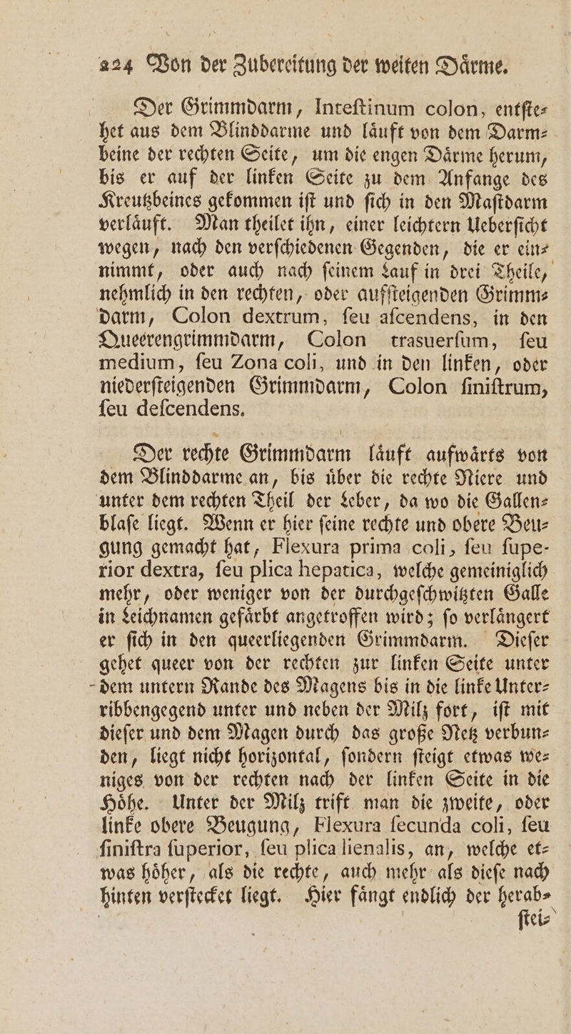 Der Grimmdarm, Inteſtinum colon, entſte- het aus dem Blinddarme und laͤuft von dem Darm⸗ beine der rechten Seite, um die engen Daͤrme herum, bis er auf der linken Seite zu dem Anfange des Kreutzbeines gekommen iſt und ſich in den Maſtdarm verlaͤuft. Man theilet ihn, einer leichtern Ueberſicht wegen, nach den verſchiedenen Gegenden, die er eins nimmt, oder auch nach ſeinem Lauf in drei Theile, nehmlich in den rechten, oder aufſteigenden Grimm⸗ darm, Colon dextrum, ſeu aſcendens, in den Queerengrimmdarm, Colon trasuerſum, ſeu medium, ſeu Zona coli, und in den linken, oder niederſteigenden Grimmdarm, Colon finiftrum, ſeu deſcendens. Der rechte Grimmdarm laͤuft aufwaͤrts von dem Blinddarme an, bis uͤber die rechte Niere und unter dem rechten Theil der Leber, da wo die Gallen⸗ blaſe liegt. Wenn er hier ſeine rechte und obere Beu⸗ gung gemacht hat, Flexura prima coli, ſeu ſupe- rior dextra, ſeu plica hepatica, welche gemeiniglich mehr, oder weniger von der durchgeſchwitzten Galle in Leichnamen gefaͤrbt angetroffen wird; ſo verlaͤngert er ſich in den queerliegenden Grimmdarm. Dieſer gehet queer von der rechten zur linken Seite unter dem untern Rande des Magens bis in die linke Unter⸗ ribbengegend unter und neben der Milz fort, iſt mit dieſer und dem Magen durch das große Netz verbun— den, liegt nicht horizontal, ſondern ſteigt etwas we— niges von der rechten nach der linken Seite in die Hoͤhe. Unter der Milz trift man die zweite, oder linke obere Beugung, Flexura ſecunda coli, ſeu finiftra ſuperior, ſeu plica lienalis, an, welche ef- was hoͤher, als die rechte, auch mehr als dieſe nach hinten verſtecket liegt. Hier faͤngt endlich der Ke | | el⸗