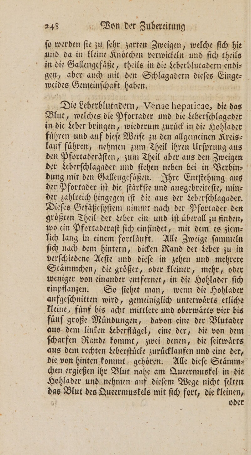 ſo werden ſie zu ſehr zarten Zweigen, welche ſich hie und da in kleine Knoͤtchen verwickeln und ſich theils in die Gallengefaͤße, theils in die Leberblutadern endi⸗ gen, aber auch mit den Schlagadern dieſes Einge— weides Gemeinſchaft haben. © ’ Die Leberblutadern, Venae hepaticae, die das Blut, welches die Pfortader und die Leberſchlagader in die Leber bringen, wiederum zuruͤck in die Hohlader führen und auf dieſe Weiſe zu den allgemeinen Kreis⸗ lauf fuͤhren, nehmen zum Theil ihren Urſprung aus den Pfortaderaͤſten, zum Theil aber aus den Zweigen der Leberſchlagader und ſtehen neben bei in Verbin- dung mit den Gallengefaͤßen. Ihre Entſtehung aus der Pfortader iſt die ſtaͤrkſte und ausgebreiteſte, min⸗ der zahlreich hingegen iſt die aus der Leberſchlagader. Dieſes Gefaͤßeſyſtem nimmt nach der Pfortader den groͤßten Theil der Leber ein und iſt uͤberall zu finden, wo ein Pfortaderaſt ſich einfindet, mit dem es ziem⸗ lich lang in einem fortlaͤuft. Alle Zweige ſammeln ſich nach dem hintern, dicken Rand der Leber zu in verſchiedene Aeſte und dieſe in zehen und mehrere Staͤmmchen, die groͤßer, oder kleiner, mehr, oder weniger von einander entfernet, in die Hohlader ſich einpflanzen. So ſiehet man, wenn die Hohlader aufgeſchnitten wird, gemeiniglich unterwaͤrts etliche kleine, fuͤnf bis acht mittlere und oberwaͤrts vier bis fuͤnf große Muͤndungen, davon eine der Blutader aus dem linken Leberfluͤgel, eine der, die von dem ſcharfen Rande kommt, zwei denen, die ſeitwaͤrts aus dem rechten Leberſtuͤcke zuruͤcklaufen und eine der, die von hinten kommt gehoͤren. Alle dieſe Staͤmm⸗ chen ergießen ihr Blut nahe am Queermuskel in die Hohlader und nehmen auf dieſem Wege nicht ſelten das Blut des Queermuskels mit ſich fort, die kleinen, | oder 9