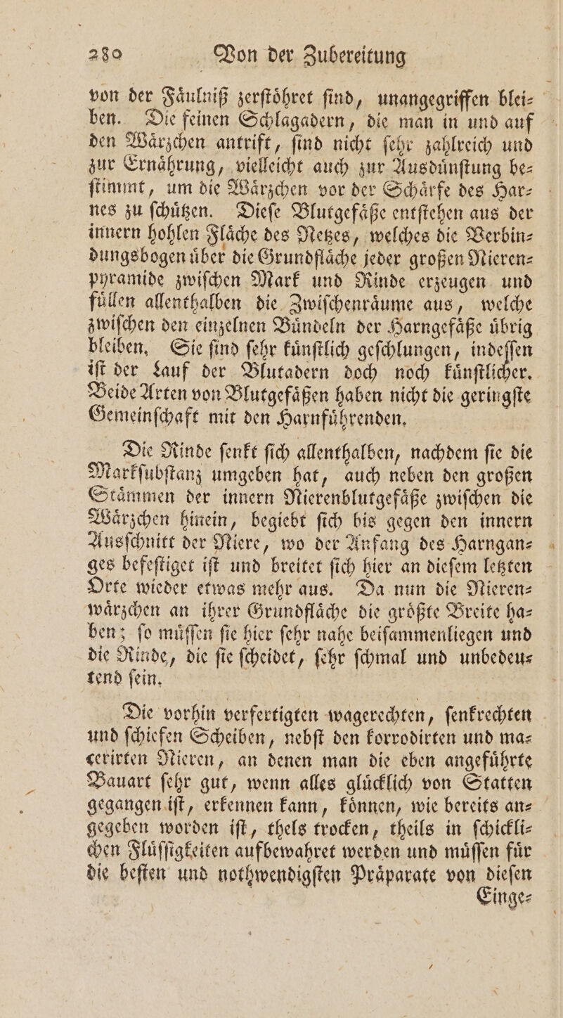 von der Faͤulniß zerſtoͤhret find, unangegriffen blei⸗ ben. Die feinen Schlagadern, die man in und auf den Waͤrzchen antrift, ſind nicht ſehr zahlreich und zur Ernaͤhrung, vielleicht auch zur Ausduͤnſtung be⸗ ſtimmt, um die Waͤrzchen vor der Schaͤrfe des Har⸗ nes zu ſchuͤtzen. Dieſe Blutgefaͤße entſtehen aus der innern hohlen Flaͤche des Netzes, welches die Verbin: dungs bogen uͤber die Grundfläche jeder großen Mieren⸗ pyramide zwiſchen Mark und Rinde erzeugen und füllen allenthalben die Zwiſchenraͤume aus, welche zwiſchen den einzelnen Buͤndeln der Harngefaͤße uͤbrig bleiben. Sie ſind ſehr kuͤnſtlich geſchlungen, ld iſt der Lauf der Blutadern doch noch kuͤnſtlicher. Beide Arten von Blutgefaͤßen haben nicht die geringſte Gemeinſchaft mit den Harnführenden, Die Rinde ſenkt ſich allenthalben, nachdem ſie die Markſubſtanz umgeben hat, auch neben den großen Stämmen der innern Mierenblutgefaͤße zwiſchen die Waͤrzchen hinein, begiebt ſich bis gegen den innern Ausſchnitt der Niere, wo der Anfang des Harngan- ges befeſtiget iſt und breitet ſich hier an dieſem letzten Orte wieder etwas mehr aus. Da nun die Nieren⸗ waͤrzchen an ihrer Grundfläche die größte Breite ha— ben; jo muͤſſen fie hier ſehr nahe beiſammenliegen und die Rinde, die ſie ſcheidet, ſehr ſchmal und unbedeu⸗ tend ſein. | Die vorhin verfertigten wagerechten, ſenkrechten und ſchiefen Scheiben, nebſt den korrodirten und ma⸗ cerirten Nieren, an denen man die eben angeführte Bauart ſehr gut, wenn alles gluͤcklich von Statten gegangen iſt, erkennen kann, koͤnnen, wie bereits ante gegeben worden iſt, thels trocken, theils in ſchickli⸗ chen Fluͤſſigkeiten aufbewahret werden und muͤſſen für die beſten und nothwendigſten Praͤparate von Eau inge⸗