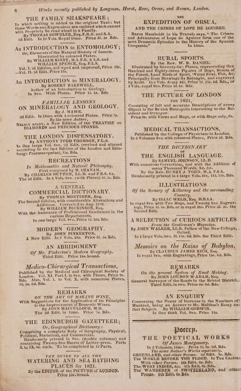 THE FAMILY SHAKSPEARE ; In which nothing is added to the original Text: but those Words and Expressions are omitted which cannot with Propriety be read aloud ina Family. By THOMAS BOW DLER, Esq. F.R.S ° and S.A. od Edit. In 10 Vols. Royal 18mo. Price 31. 3s. Bds. An INTRODUCTION to ENTOMOLOGY ; Or, Elements of the Natural History of Insects. Illustrated by coloured Plates. By WILLIAM KIRBY, M.A.F.R. &amp; L.S. and WILLIAM SPENCE, Esq. F.L.S. Vol. ¥. 3d Edition, enlarged and improved, Price 18s. —Vol. Il. 2d Edit. Price 18s. An INTRODUCTION to MINERALOGY. By ROBERT BAKEWELL, Author of an Introduction to Geology. In 8yo. With Plates. Price 1/. is. Bds. FAMILIAR LESSONS ON MINERALOGY AND GEOLOGY. By J. MAWE. gd Edit. In 12mo. with 4 coloured Plates. Price %s.~ By the same Author, | Nearuy reapy, a New Edition of the TREATISE on DIAMONDS and PRECIOUS STONES. THE LONDON DISPENSATORY. By ANTHONY TODD THOMSON, F.L.S. In One large Vol. 8vo. 2d Edit. (revised and altered according to the last Edition of the London and Edin- burgh Pharmacopeias), 15s. Bds. RECREATIONS In Mathematics and Natural Philosophy. First composed by M. OLANAM. By CHARLES HUTTON, LL.D. and F.R.S. &amp;e. The 2d Edit. In 4 Vols. Svo. (with Plates). 31.3s. Bds. A GENERAL COMMERCIAL DICTIONARY. By THOMAS MORTIMER, Esq. The Second Edition, with considerable Alterations and Additions. Corrected to Aug. 1819. By WILLIAM DICKINSON, Esq. With the’ Assistance of Professional Gentlemen in the various Departments. In one large Vol. Svo, Price 1. 10s. Bas. MODERN GEOGRAPHY. By JOHN PINKERTON. A New Edit. In2 Vols. 4to. Price 51. 5s, Bds. AN ABRIDGMENT Of Mr. Pinkerton’s Modern Geography. Third Edit. Price 18s. bound. Medico-Chirurgical Transactions, Published by the Medical and Chirurgical Society of London. Vol. XJ. Part I. in 8vo. with Plates, Price 9s. Bds. Also, Vol. 1, to Vol. X. with numerous Plates, Ol, 286 6d. Bds. REMARKS ON THE ART OF MAKING WINE, With Suggestions for the Application of its Principles to the Improvement of Domestic Wines. By JOHN MACCULLOCH, M.D. The 2d Edit. in 12mo. Price %s. Bds. THE EDINBURGH GAZETTEER; Or, Geographical Dictionary : Comprising a complete Body of Geography, Physical, Political, Statistical, and Commercial. Handsomely printed in 8vo, (double columns) and To be completed in 12 Parts. | THE GUIDE TO ALL THE | WATERING AND SEA BATHING PLACES for 1821. By the EDITOR. of the PICTURE of LONDON. Price 15¢. bound, PODOPL EDEL OLLI ODDIE DOLE ED ODO OL AIG IA EI ILE IIA GL ELIT TS THE EXPEDITION OF ORSUA, AND THE CRIMES OF LOPE DE AGUIRRE. Baron Humboldt in his Travels says, “ The Crimes and Adventures of Lope de Aguirre form one of the most Dramatic Episodes in the History of the Spanish Conquests.”’ In 12mo. RURAL SPORTS. By the Rev. W. B. DANIEL. Illustrated by Seventy-two Plates, representing One Hundred and Kighty-tbree Figures of Dogs, Beasts of the Forest, Land Birds of Sport, Water Fowl, Fish, &amp;c. Principally from Drawings by Reinagle, and engraved by Scott. In3 Vols. demy 4to. Price 7l. 175. 6d. Bds., or 3 Vols. royal 8vo. Price 5/. 5s. Bds. THE PICTURE OF LONDON FoR 1821, Consisting of full and accurate Descriptions of every Object in the British Metropolis interesting to the Re- sident and Stranger. Price 9s. with Views and Maps, or with Maps only, 6s. MEDICAL TRANSACTIONS, Published by the College of Physicians in London, In 6 Volumes 8vo. with coleured Plates, Price 31. Bds. THE DICTIONARY OF THE ENGLISH LANGUAGE. By SAMUEL JOHNSON, LL.D. With numerous Corrections, and with the Addition of many Thousand Words, &amp;c. &amp;¢. By the Rev. HENRY J. TODD, M.A.F.S.A. Handsomely printed in 4 large Vols. 4to, 114. 11s. Bds. ILLUSTRATIONS Of the Scenery of Killarney and the surrounding Country. By ISAAC WELD, Esq. M.R.LA. In royal 8vo. with Two Maps, and Twenty fine Engrav- ings, Price 11. 5s. Bds, or in royal 4to. Price 3l. 3s. the Second Edit. A SELECTION of CURIOUS ARTICLES | From the Gentleman’s Magazine. By JOHN WALKER, LL.B. Fellow of the New College, , Oxford. In 4 large Vols, Svo. 2i. 128. 6d. Bds. the Third Edit. Memoirs on the Ruins of Babylon. By CLAUDIUS JAMES RICH, Esq. , In royal 8vo. with Engravings, Price 15s. 6d. Bds. os REMARKS | On the present System of Road Making. By JOHN LOUDON M‘ADAM, Esq. General Surveyor of the Roads in the Bristol District.|, Third Edit. in $vo. Price 6s. 6d. Bds. AN- ENQUIRY Concerning the Power of Increase in the Numbers off Mankind, being an Answer to Mr. Malthus’s Essay ons that Subject. By WILLIAM GODWIN. In One thick Vol. 8vo. Price 18s. poetry. THE POETICAL WORKS Of James Montgomery. In 3 Volumes, 12mo. Price 11. 8s. 6a, Bds. The same Author’s Works separately. GREENLAND, and other Poems. 2d Edit. 8s. Bds. The WORLD BEFORE THE FLOOD. In Ten Cantos, With other Poems, 5th Edit. 9s. Bds. The WEST INDIES, &amp;c. 5th Edit, 6s, Bds. The WANDERER of SWITZERLAND, and othep! Poems, 8th Edit. 65 Bds.