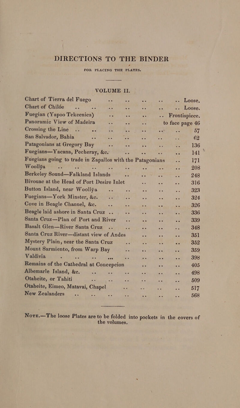 DIRECTIONS TO THE BINDER FOR PLACING THE PLATES. VOLUME II. Chart of Tierra del Fuego “3 oy - ce -- Loose, Chart of Childe ee &lt; 4 .¥ “ -- Loose. Fuegian (Yapoo Tekeenica) we ne oe .. Frontispiece. Panoramic View of Madeira = os es to face page 46 Crossing the Line .. ip ie LL. 8 aes ap fi. 57 San Salvador, Bahia es 4 rans re ig $3 62 Patagonians at Gregory Bay a de oy Ns 136 Fuegians—Yacana, Pecheray, &amp;c. “ ee es ee 141 Fuegians going to trade in id with the Patagonians os i7] Woollya - Ue &lt; ro 2 208 Berkeley SatddeaWallland ‘teenie ve ths cn ty My: 248 Bivouac at the Head of Port Desire Inlet s “e es 316 Button Island, near Woollya A és ee *s y 323 Fuegians—York Minster, &amp;c. .. Ms oe *e 06 324 Cove in Beagle Channel, &amp;c. oF ch oe ba rae 326 Beagle laid ashorein Santa Cruz .. . .. a i. _ 336 Santa Cruz—Plan of Port and River = a ee 339 Basalt Glen—River Santa Cruz .. ie ree Aye a 348 Santa Cruz River—distant view of Andes a ite a 351 Mystery Plain, near the Santa Cruz Re “c be - 352 Mount Sarmiento, from iat Bay — a a es 359 Valdivia : one by lu Ne xe 398 Remains of the Cathedral at Concepcion rr = ee 405 Albemarle Island, &amp;c. as ai * as ¥ a1) 498 Otaheite, or Tahiti oe 3 Ke - ve Ne 509 Otaheite, Eimeo, Matavai, Pret 8 a i ae 517 New Zealanders Me e we o ne i af 568 aon — The loose Plates are to be folded into pockets in the covers of the volumes.