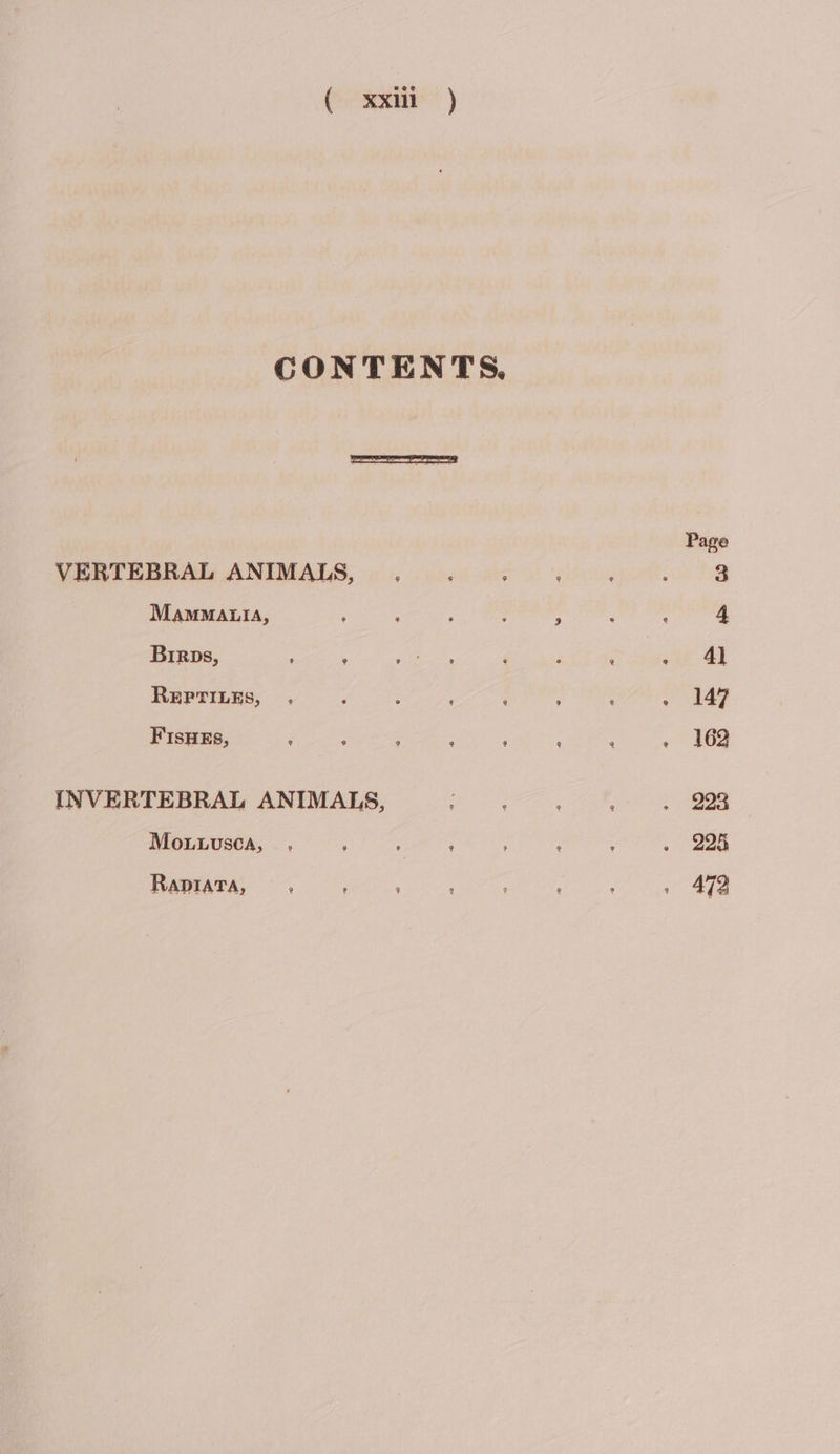 CONTENTS. VERTEBRAL ANIMALS, MamMALtIA, Brirps, : j REPTILES, FIsHEs, F ; : “ : INVERTEBRAL ANIMALS, RapIATA, ; Page