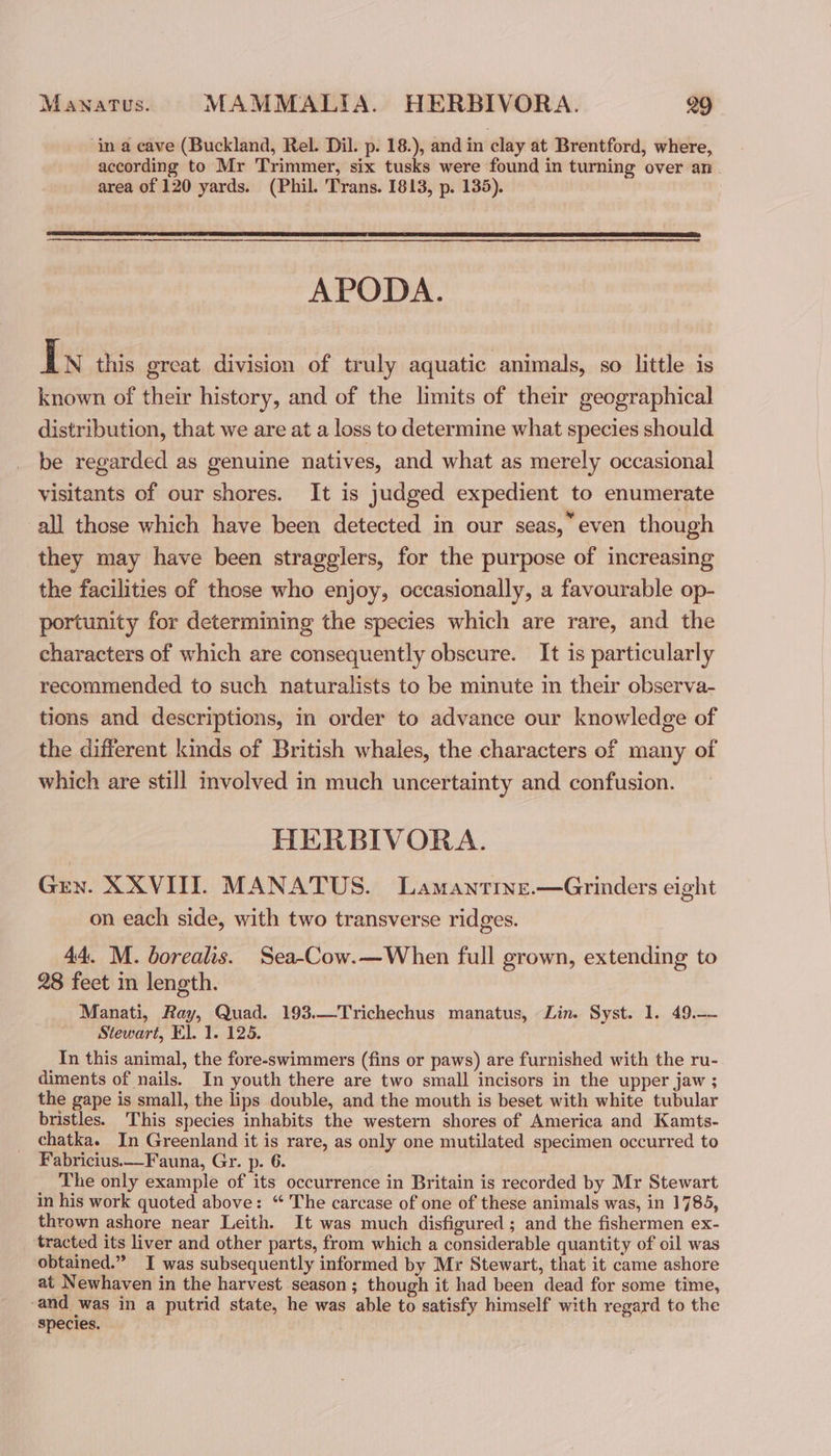in a cave (Buckland, Rel. Dil. p. 18.), and in clay at Brentford, where, according to Mr Trimmer, six tusks were found in turning over an area of 120 yards. (Phil. Trans. 1813, p. 135). APODA. ] N this great division of truly aquatic animals, so little is known of their history, and of the limits of their geographical distribution, that we are at a loss to determine what species should be regarded as genuine natives, and what as merely occasional visitants of our shores. It is judged expedient to enumerate all those which have been detected in our seas,” even though they may have been stragglers, for the purpose of increasing the facilities of those who enjoy, occasionally, a favourable op- portunity for determining the species which are rare, and the characters of which are consequently obscure. It is particularly recommended to such naturalists to be minute in their observa- tions and descriptions, in order to advance our knowledge of the different kinds of British whales, the characters of many of which are still involved in much uncertainty and confusion. HERBIVORA. Gren. XXVITI. MANATUS. Lamantine.—Grinders eight on each side, with two transverse ridges. 44. M. borealis. Sea-Cow.—When full grown, extending to 28 feet in length. Manati, Ray, Quad. 193.—Trichechus manatus, Lin. Syst. 1. 49.-~ Stewart, El. 1. 125. Tn this animal, the fore-swimmers (fins or paws) are furnished with the ru- diments of nails. In youth there are two small incisors in the upper jaw ; the gape is small, the lips double, and the mouth is beset with white tubular bristles. This species inhabits the western shores of America and Kamts- chatka. In Greenland it is rare, as only one mutilated specimen occurred to Fabricius.—Fauna, Gr. p. 6. The only example of its occurrence in Britain is recorded by Mr Stewart in his work quoted above: ‘ The carcase of one of these animals was, in 1785, thrown ashore near Leith. It was much disfigured ; and the fishermen ex- tracted its liver and other parts, from which a considerable quantity of oil was obtained.” I was subsequently informed by Mr Stewart, that it came ashore at Newhaven in the harvest season; though it had been dead for some time, -and was in a putrid state, he was able to satisfy himself with regard to the species.