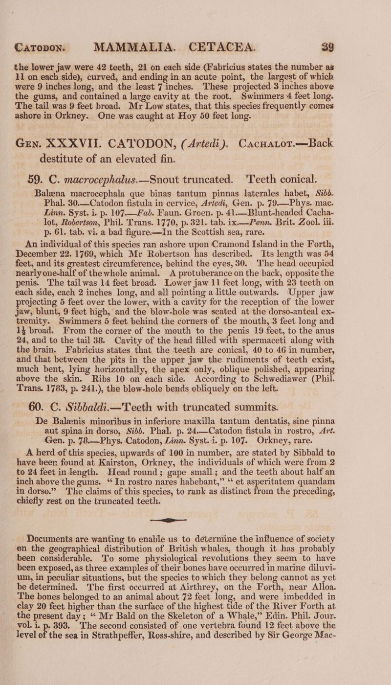 the lower jaw were 42 teeth, 21 on each side (Fabricius states the number as 11 on each side), curved, and ending in an acute point, the-largest of which were 9 inches long, and the least 7 inches. These projected 3 inches above the gums, and contained a large cavity at the root. Swimmers 4 feet long. The tail was 9 feet broad. Mr Low states, that this species frequently comes ashore in Orkney. One was caught at Hoy 50 feet long. Gry. XXXVII. CATODON, (Artedi). Cacnatot.—Back destitute of an elevated fin. 59. C. macrocephalus.—Snout truncated. 'Teeth conical. Baleena macrocephala que binas tantum pinnas laterales habet, Sibd. Phal. 30.—Catodon fistula in cervice, Artedi, Gen. p. 79.—Phys. mac. Linn. Syst. i. p. 107.—F ab. Faun. Groen. p. 41.—Blunt-headed Cacha- — lot, Robertson, Phil. Trans. 1770, p. 321. tab. ix.—Penn. Brit. Zool. ili. p- 61. tab. vi. a bad figure-—In the Scottish sea, rare. An individual of this species ran ashore upen Cramond Island:in the Forth, December 22. 1769, which Mr Robertson has described. Its length was 54 feet, and its greatest circumference, behind the eyes, 30. The head occupied nearly one-half of the whole animal. A protuberance on the back, opposite the penis. The tail was 14 feet broad. Lower jaw 11 feet long, with 23 teeth on each side, each 2 inches long, and all pointing a little outwards. Upper jaw projecting 5 feet over the lower, with a cavity for the reception of the lower jaw, blunt, 9 feet high, and the blow-hole was seated at the dorso-anteal ex- tremity. Swimmers 5 feet behind the corners ef the mouth, 3 feet long and 14 broad. From the corner of the mouth toe the penis 19 feet, to the anus 24, and to the tail 38. Cavity of the head filled with spermaceti along with the brain. Fabricius states that the teeth are conical, 40 to 46 in number, and that between the pits in the upper jaw the rudiments of teeth exist, much bent, lying horizontally, the apex only, oblique polished, appearing above the skin. Ribs 10 on each side. According to Schwediawer (Phil. Trans. 1783, p. 241.), the blow-hole bends ebliquely en the left. 60. C. Sibbaldi.—Teeth with truncated summits. De Balenis minoribus in inferiore maxilla tantum dentatis, sine pinna aut spina in dorso, Sibb. Phal. p. 24.—Catodon fistula in rostro, Aré. Gen. p. 78.—Phys. Catodon, Linn. Syst.i. p. 107. Orkney, rare. A herd of this species, upwards of 100 in number, are stated by Sibbald to have been found at Kairston, Orkney, the individuals of which were from 2 to 24 feet in length. Head round; gape small; and the teeth about half an inch above the gums. “ In rostro nares habebant,” “‘ et asperitatem quandam in dorso.” The claims of this species, to rank as distinct from the preceding, chiefly rest on the truncated teeth. ——e ee Documents are wanting to enable us to determine the influence of society on the geographical distribution of British whales, though it has probably been considerable. To some physiological revolutions they seem to have been exposed, as three examples of their bones have occurred in marine diluvi- um, in peculiar situations, but the species to which they belong cannot as yet be determined. The first occurred at Airthrey, on the Forth, near Alloa. The bones belonged to an animal about 72 feet long, and were imbedded in clay 20 feet higher than the surface of the highest tide of the River Forth at the present day; “ Mr Bald on the Skeleton of a Whale,” Edin. Phil. Jour. vol. i. p. 393. The second consisted of one vertebra found 12 feet above the level of the sea in Strathpeffer, Ross-shire, and described by Sir George Mac-~