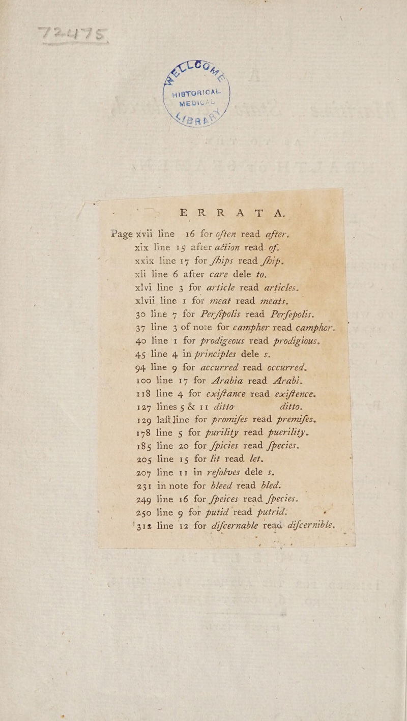 — « - HIBTGRICAL | MEDICAL : 4 othe Sel Nie RR E Ry Ry A ges Page xvii line 16 for offen read after. xix line 15 after aétion read_ of. xxix line 14 for /Aips read /hip. xli line 6 after care dele fo. xlvi line 3 for article read articles. xlvii line x for meat read meats. 30 line 4 for Per/spolis read Perfepolis. 37 line 3 of note for campher read camphor. 40 line 1 for prodigeous read prodigious. 45 line 4 in principles dele s. 94 line 9 for accurred read occurred. 100 line 17 for Arabia read Arabi. 118 line 4 for exi/fance read exi/tence. 124 lines 5 &amp; 11 ditto ditto. 129 laftline for promifes read premifes. 178 line 5 for purility read puerility. 185 line 20 for /picies read /pecies. 205 line 15 for dit read Jet. 207 line 11 in refolves dele s. 231 in note for bleed read bled. 249 line 16 for /peices read /pecies. BE ap 250 line g for putid read putrid. ‘ ‘312 line 12 for difcernable reaa difcernible. “ *