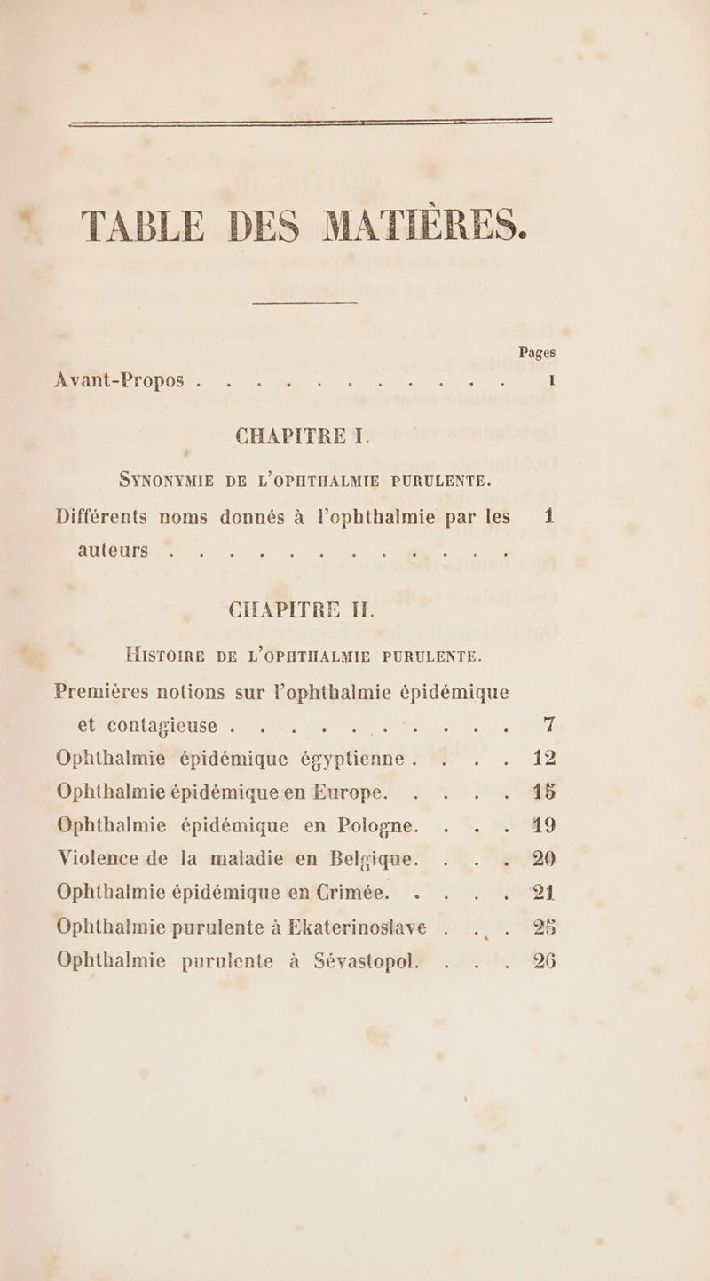 * TABLE DES MATIÈRES. Pages ER PT ODOS PEU OR oO . . . . | I CHAPITRE I. SYNONYMIE DE L'OPHTHALMIE PURULENTE. Différents noms donnés à l’ophthalmie par les 1 auteurs CHAPITRE I. ÉÏISTOIRE DE L’OPHTHALMIE PURULENTE. Premières notions sur l’ophthalmie épidémique ÉMCUHIASICUSON NAN nr TE A Ophthalmie épidémique égyptienne. . . . 12 Ophthalmie épidémique en Europe. . . . . 15 Ophthalmie épidémique en Pologne. . . . 19 Violence de la maladie en Belsique. . . . 929 Ophthalmie épidémique en Crimée. . . . . 91 Ophthalmie purulente à Ekaterinoslave . . . 28 Ophthalmie purulente à Sévastopol. . . . 926