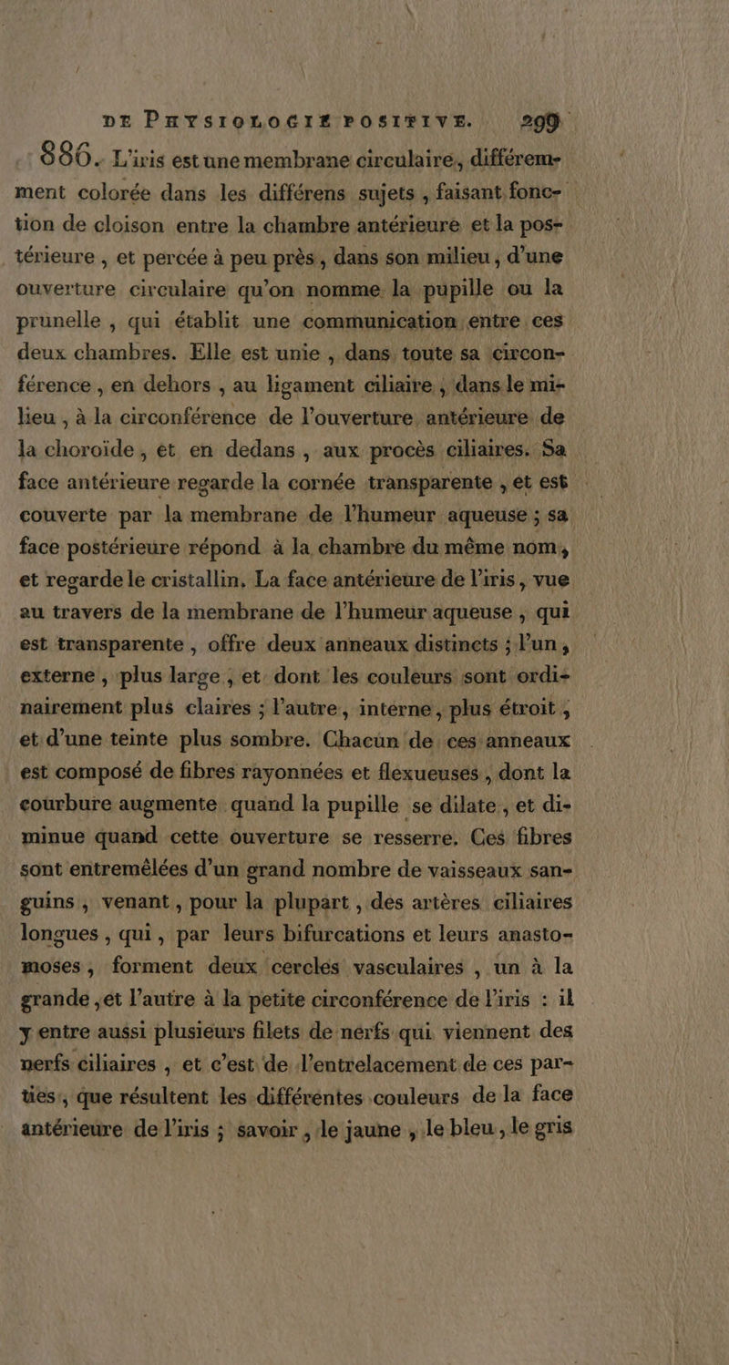 886. L'iris estunemembrane circulaire, différeme ment colorée dans les différens sujets , faisant fonc- tion de cloison entre la chambre antérieure et la pos- térieure , et percée à peu près, dans son milieu , d’une ouverture circulaire qu’on nomme. la pupille ou la prunelle , qui établit une communication entre ces deux chambres. Elle est unie , dans toute sa circon- férence , en dehors , au ligament ciliaire, , dans le mi- lieu , à la circonférence de l'ouverture antérieure de la choroïde , et en dedans , aux procès ciliaires. Sa face antérieure regarde la cornée transparente , ét est couverte par la membrane de l'humeur aqueuse ; sa face postérieure répond à la chambre du même nom, et regarde le cristallin, La face antérieure de l'iris, vue au travers de la membrane de l’humeur aqueuse , qui est transparente , offre deux anneaux distincts ; l’un, externe , plus large , et dont les couleurs sont ordi- nairement plus claires ; l’autre, intérne , plus étroit , et d’une teinte plus sombre. Chacun de ces anneaux est composé de fibres rayonnées et flexueuses , dont la courbure augmente quand la pupille se dilate , et di- minue quand cette ouverture se resserre, Ces fibres sont entremêlées d’un grand nombre de vaisseaux san- guins , venant , pour la plupart , des artères ciliaires longues , qui, par leurs bifurcations et leurs anasto- moses, forment deux cerclés vasculaires , un à la grande ,et l’autre à la petite circonférence de l'iris : 1l 7 entre aussi plusieurs filets de nérfs qui viennent des nerfs ciliaires , et c’est de l’entrelacément de ces par- ties', que résultent les différéntes couleurs de la face antérieure de l'iris ; savoir , le jaune , le bleu , le gris