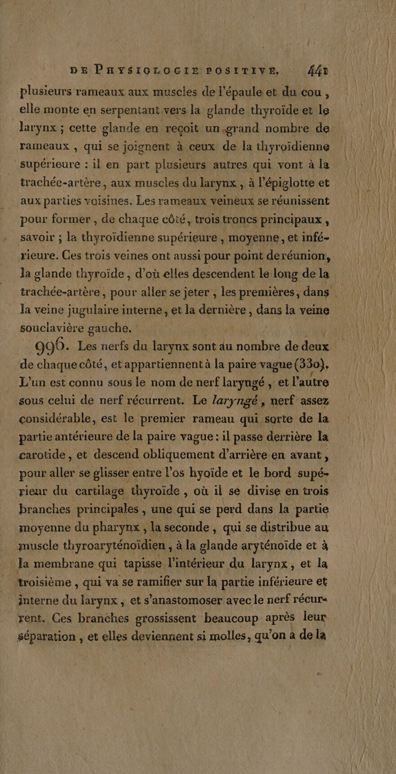 plusieurs rameaux aux muscles de l'épaule et du cou, elle monte en serpentant vers la glande thyroïde et le larynx ; cette glande en recoit un.grand nombre de rameaux , qui se joignent à ceux de la thyr oidienne supérieure : il en part plusieurs autres qui vont à la trachée-artère, aux muscles du larynx , à l’épiglotte et aux parties voisines. Les rameaux veineux se réunissent pour former , de chaque côté, trois troncs principaux , savoir ; la thyroïdienne supérieure , moyenne, et infé- rieure. Ces trois veines ont aussi pour point deréunion, Ja glande thyroïde , d’où elles descendent le long de la trachée-artère, pour aller se jeter , les premières, dans la veine jugulaire interne, et la dernière , dans la veine souclavière gauche. | 990. Les nerfs du larynx sont au ce de fs de chaque côté, et appartiennent à la paire vague (350), L'un est connu sous le nom de nerf laryngé , et l” autre sous celui de nerf récurrent. Le laryngé, nerf assez considérable, est le premier rameau qui sorte de la partie antérieure de la paire vague : il passe derrière la caroüde , et descend obliquement d’arrière en avant, pour aller se glisser entre los hyoïde et le bord supé- rieur du cartilage thyroïde , où il se divise en trois branches principales , une qui se perd dans la partie moyenne du pharynx, la seconde , qui se distribue au muscle thyroaryténoïdien , à la glande aryténoïde et à la membrane qui tapisse l'intérieur du larynx, et la troisième , qui va se ramifier sur la partie inférieure et interne du larynx , et s’anastomoser avec le nerf récur- rent. Ces branches grossissent beaucoup ur leur Séparation , et elles deviennent si molles, qu ‘on à de la
