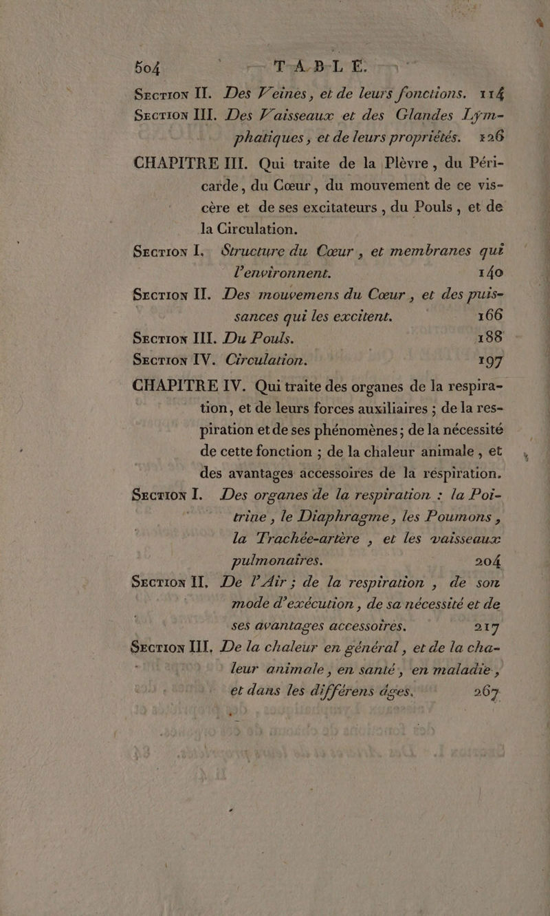 bo4 sr Tor LE rt Secrrox II. Des Veines, et de leurs fonctions. 114 Secrion III. Des Vaisseaux et des Glandes Lÿm- phatiques , et de leurs propriétés. +26 CHAPITRE III. Qui traite de la Plèvre, du Péri- carde, du Cœur, du mouvement de ce vis- cère et de ses excitateurs , du Pouls , et de la Circulation. Secrron I. Structure du Cœur , et membranes qui l’environnent. 140 Srcriox Il. Des mouvemens du Cœur , et des puis- : sances qui les excitent. | 166 SECTION III. Du Pouls. 188 SECTION IV. Crrculation. | 197 CHAPITRE IV. Qui traite des organes de la respira- _ tion, et de leurs forces auxiliaires ; de la res- piration et de ses phénomènes; de la nécessité de cette fonction ; de la chaleur animale , et des avantages accessoires de la respiration. Secrion I. Des organes de la respiration : la Poi- trine , le Diaphragme, les Poumons , la Trachée-artère , et les vaisseaux pulmonaires. 204 SEcrTiox II, De l'Air ; de la respiration , de son mode d'exécution , de sa nécessité et de ses avantages accessoires. 217 SEcrion III, De la chaleur en général , et de la cha- leur animale , en santé, en maladie, et dans les différens dges. 267 L