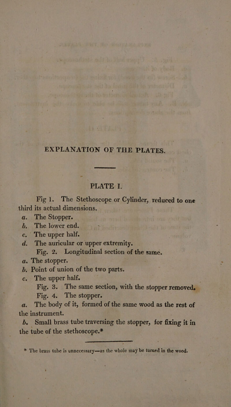 EXPLANATION OF THE PLATES. PLATE TI. Fig 1. The Stethoscope or Cylinder, reduced to one third its actual dimensions, a. The Stopper. _ b. The lower end. c. The upper half. d. The auricular or upper extremity. Fig. 2. Lone cine! section of the same. a. The stopper. b. Point of union of the two parts. c. The upper half. | Fig. 3. The same section, with the stopper removed. Fig. 4. The stopper. a. The body of it, formed of the same wood as the rest of the instrument. b. Small brass tube traversing the stopper, for fine it in the tube of the stethoscope.* * The brass tube is unnecessary—as the whole may be turned in the wood.