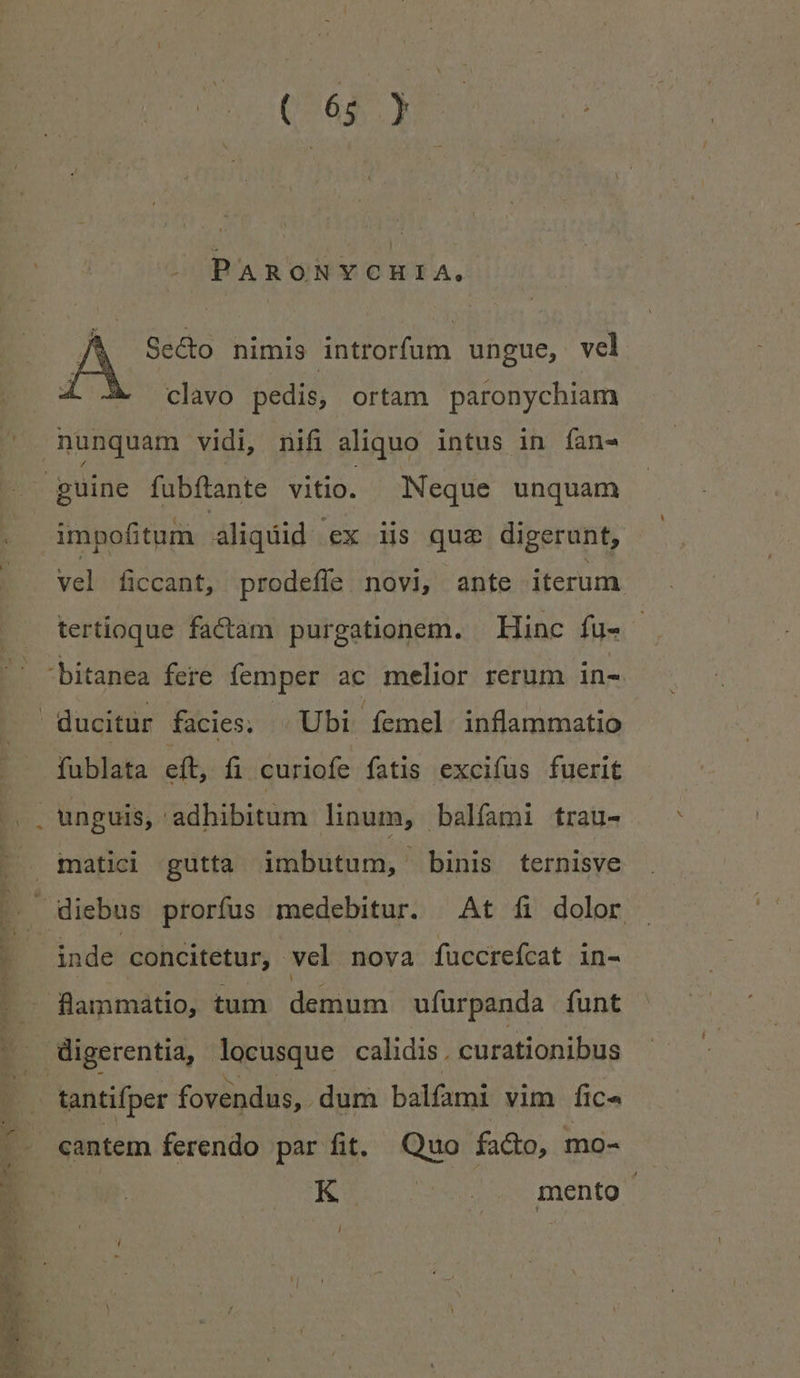 ( 6$ ) PARONYCHIA, Seco nimis introrfum ungue, vel  14 jt .J iA di 3 clavo pedis, ortam paronychiam nunquam vidi, nifi aliquo intus in Ííans guine fubftante vitio. Neque unquam impofitum aliquid €x iis quz digerunt, vel ficcant, prodeffe novi, ante iterum tertioque factàm purgationem. — Hinc fu- 'bitanea fere femper ac melior rerum in- | ducitür facies; ^ Ubi femel inflammatio fublata eft, fi curiofe fatis excifus fuerit . unguis, adhibitum linum, balfami trau- imatici gutta imbutum, binis ternisve inde concitetur, vel nova fuccreícat in- flammatio, tum diit ufurpanda funt digerentia, locusque calidis . curationibus : tantifper fovendus,. dum balfami vim fic» - cantem ferendo par fit. Td facto, mo- K. /.. . mento /