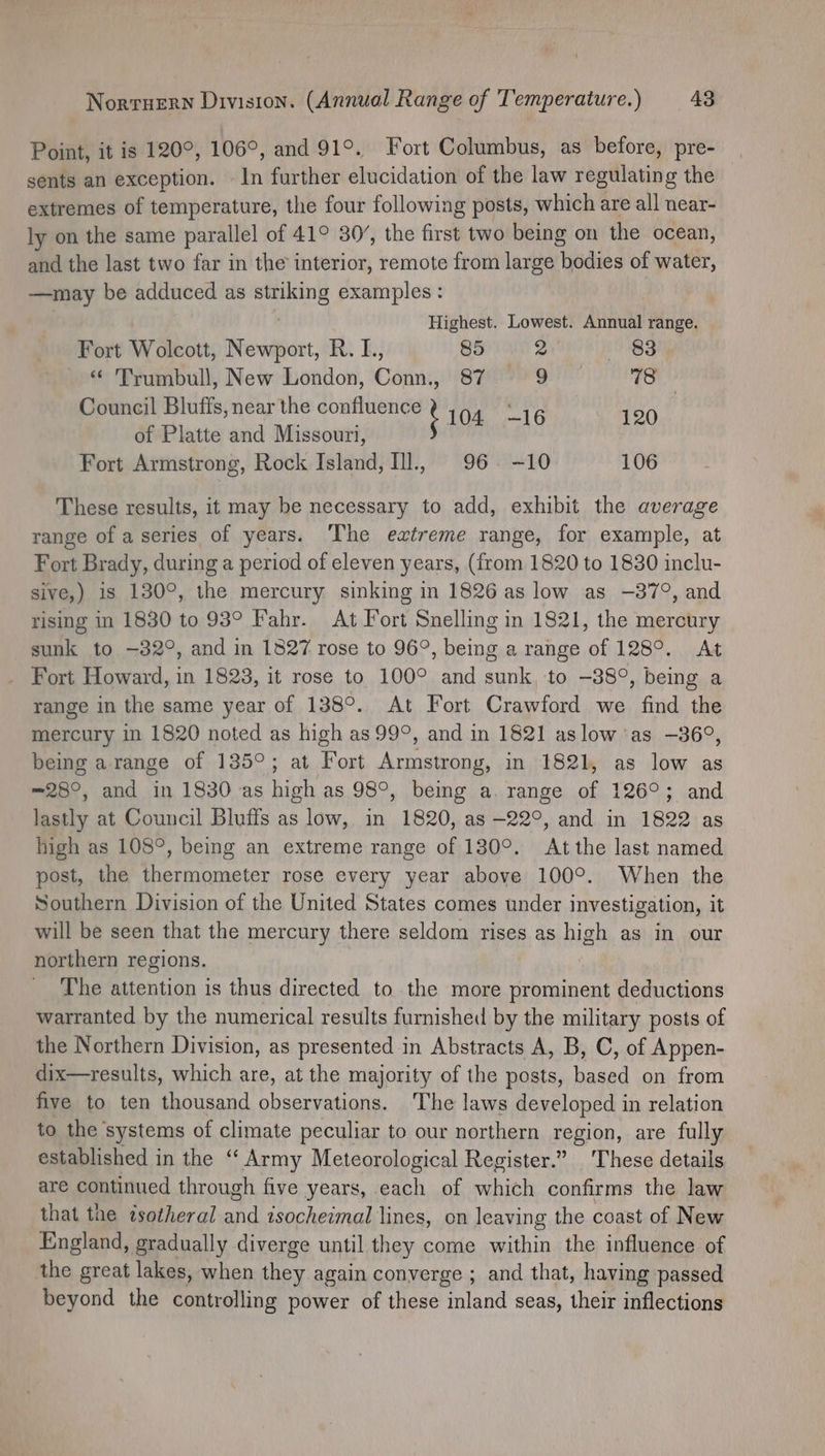 Norruern Division. (Annual Range of Temperature.) 48 Point, it is 120°, 106°, and 91°. Fort Columbus, as before, pre- sents an exception. In further elucidation of the law regulating the extremes of temperature, the four following posts, which are all near- ly on the same parallel of 41° 30’, the first two being on the ocean, and the last two far in the interior, remote from large bodies of water, —may be adduced as striking examples: Highest. Lowest. Annual range. Fort Wolcott, Newport, R. I., 85 2 LS “ Trumbull, New London, Conn., 87 ad 78 Council Bluffs, near the confluence ‘ 104 -16 120 of Platte and Missouri, Fort Armstrong, Rock Island, l., 96. -—10 106 These results, it may be necessary to add, exhibit the average range of a series of years. The extreme range, for example, at Fort Brady, during a period of eleven years, (from 1820 to 1830 inclu- sive,) is 130°, the mercury sinking in 1826 as low as -37°, and rising in 1830 to 93° Fahr. At Fort Snelling in 1821, the mercury sunk to —32°, and in 1827 rose to 96°, being a range of 128°. At _ Fort Howard, in 1823, it rose to 100° and sunk, to -38°, being a range in the same year of 138°. At Fort Crawford we find the mercury in 1820 noted as high as 99°, and in 1821 aslow ‘as —36°, being arange of 135°; at Fort Armstrong, in 1821, as low as =28°, and in 1830 as high as 98°, being a. range of 126°; and lastly at Council Bluffs as low, in 1820, as -22°, and in 1822 as high as 108°, being an extreme range of 130°. At the last named post, the thermometer rose every year above 100°. When the Southern Division of the United States comes under investigation, it will be seen that the mercury there seldom rises as high as in our northern regions. The attention is thus directed to the more prominent deductions warranted by the numerical results furnished by the military posts of the Northern Division, as presented in Abstracts A, B, C, of Appen- dix—results, which are, at the majority of the posts, based on from five to ten thousand observations. ‘The laws developed in relation to the systems of climate peculiar to our northern region, are fully established in the ‘“‘ Army Meteorological Register.” 'These details are continued through five years, each of which confirms the law that the isotheral and isocheimal lines, on leaving the coast of New England, gradually diverge until they come within the influence of the great lakes, when they again converge ; and that, having passed beyond the controlling power of these inland seas, their inflections